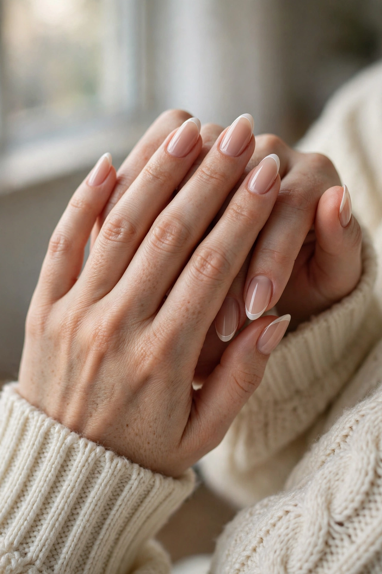 Close-up of a modern micro French manicure with ultra-thin white tips on almond-shaped nails