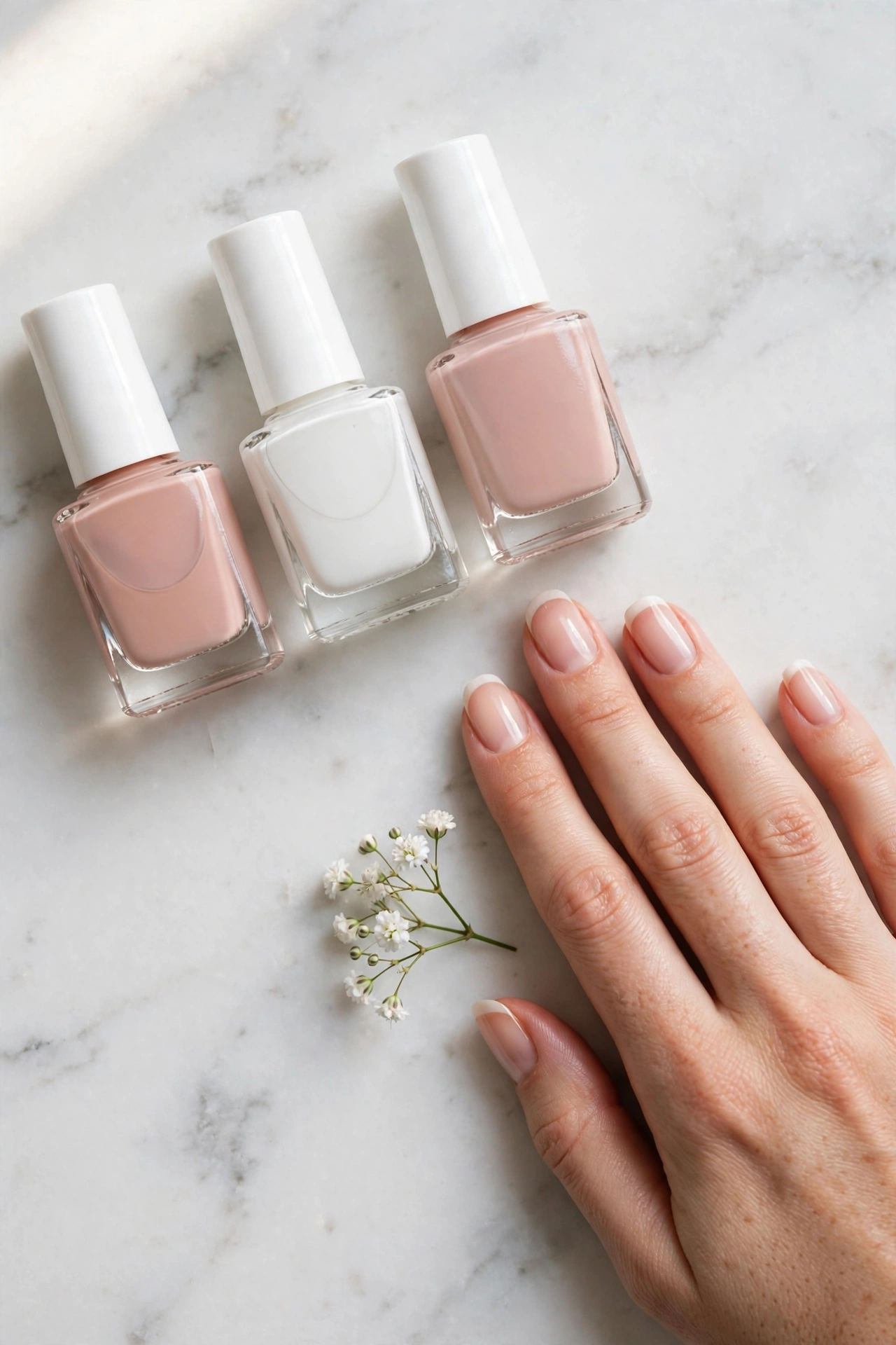 Flat-lay of nude pink and white nail polish bottles beside a hand with French tip nails on a marble surface