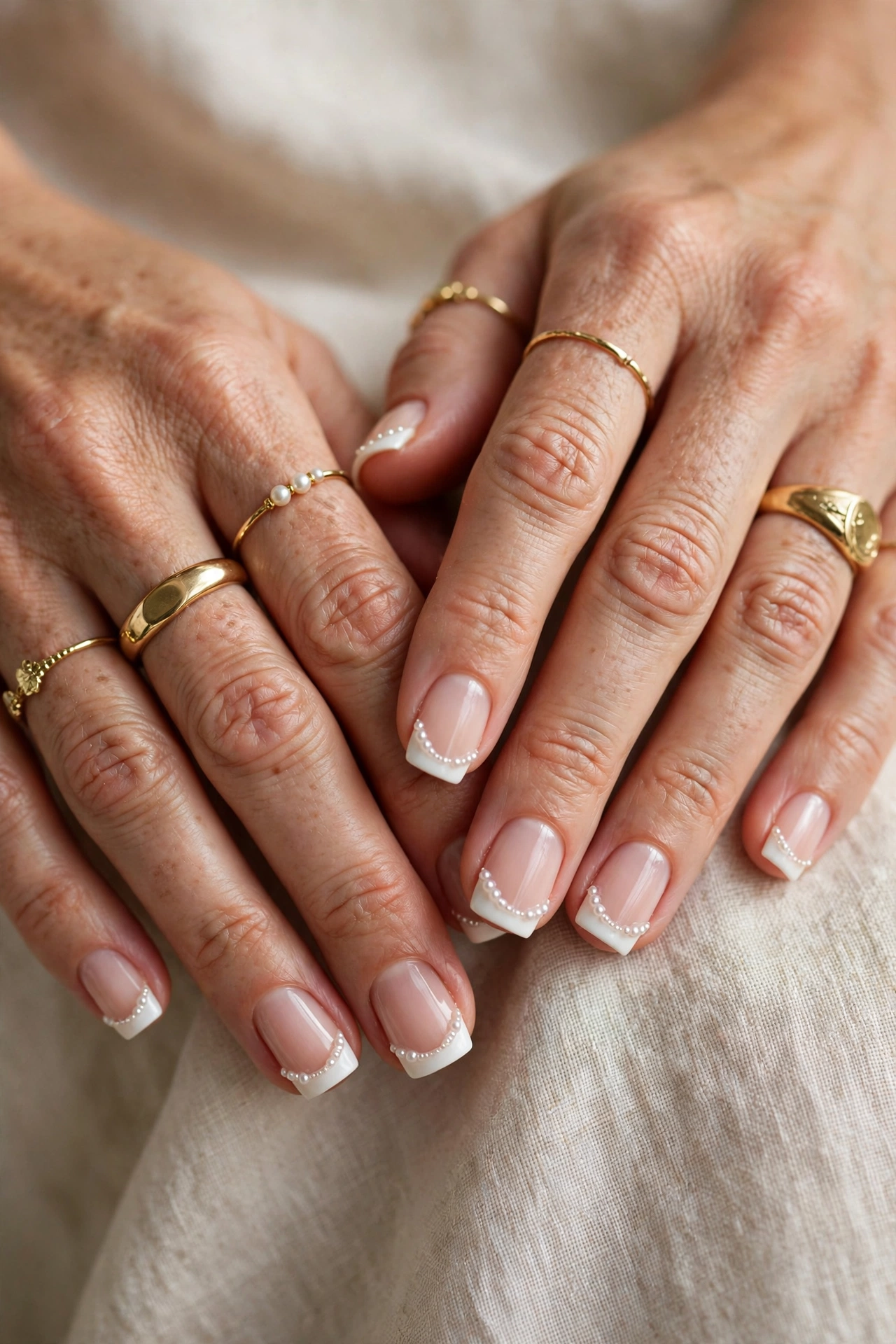 French manicure with tiny pearl accents along the white tips and gold rings