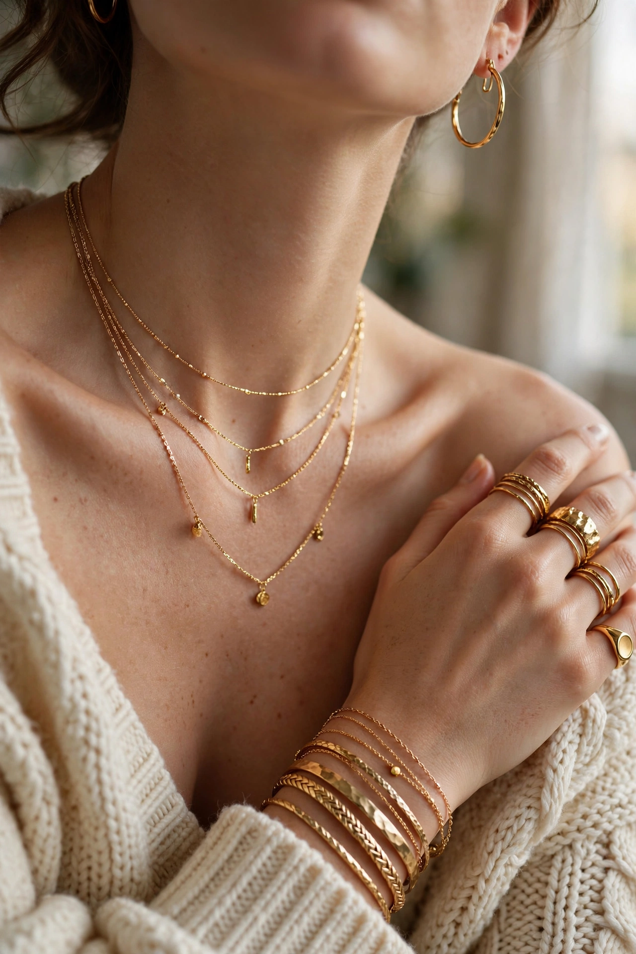 Woman wearing layered gold necklaces, stacked gold rings and bracelets with a cream knit sweater