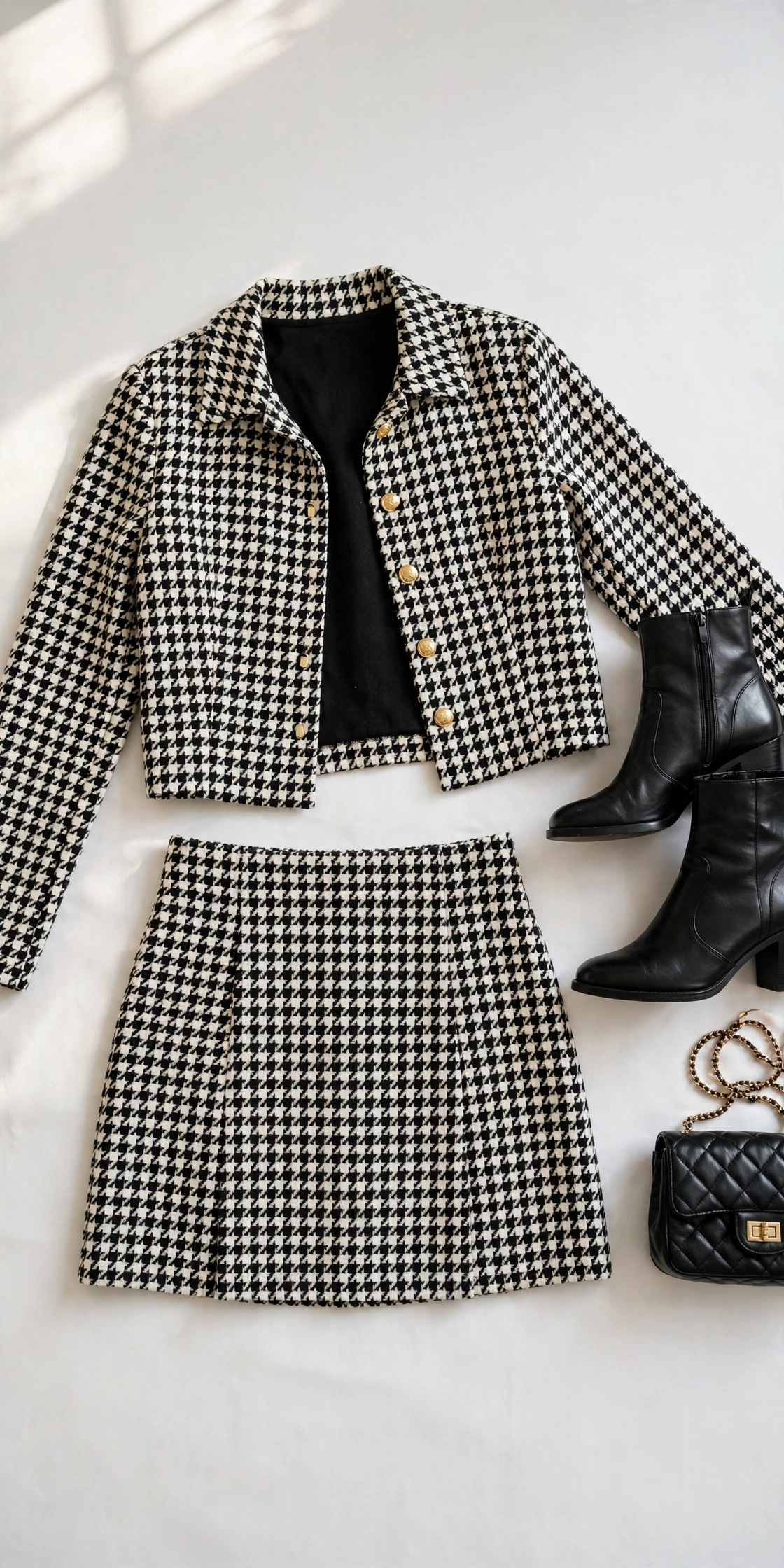 Flat lay of a houndstooth mini skirt set with black ankle boots and a small handbag