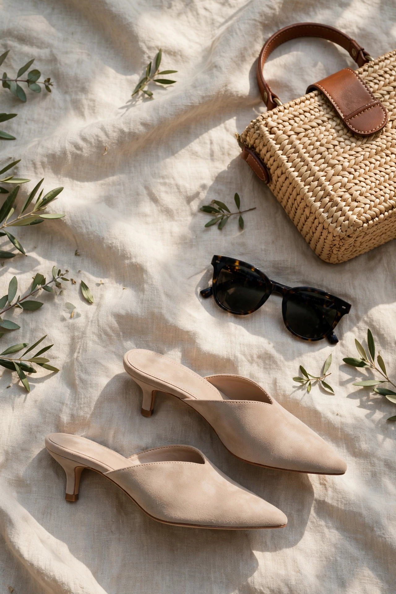 Flat lay of kitten heel mules with a handbag and sunglasses