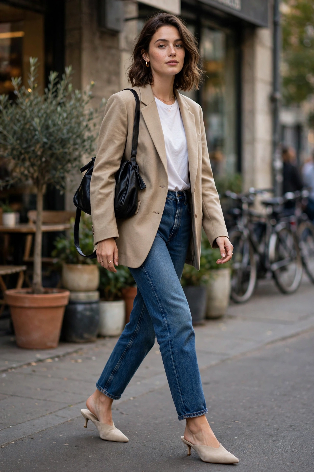 Kitten heel mules paired with jeans and a blazer in a lifestyle setting