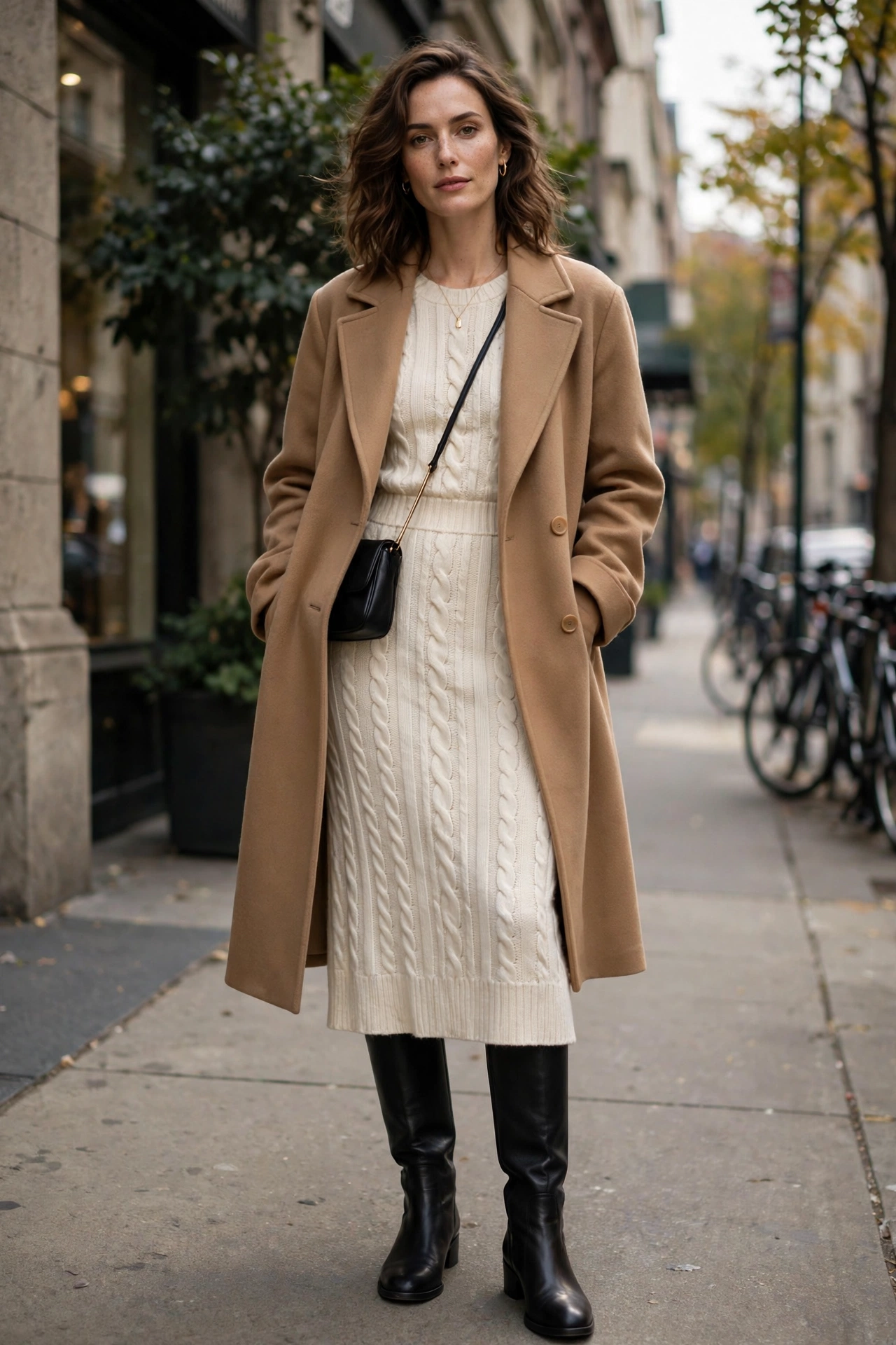 Black leather knee-high boots with a cream knit midi dress and camel coat