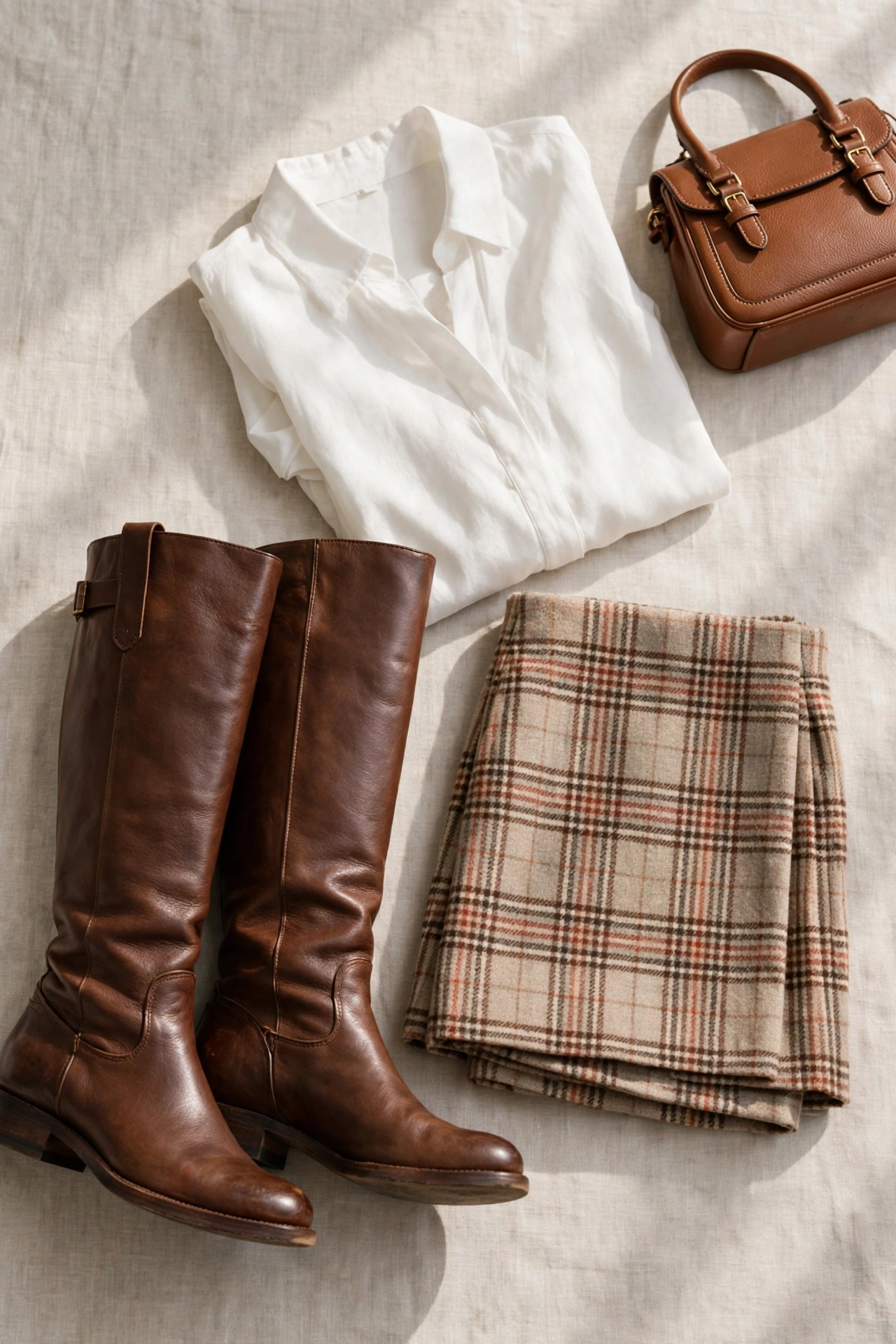 Flat lay of brown knee-high boots with a plaid skirt, white blouse and leather handbag