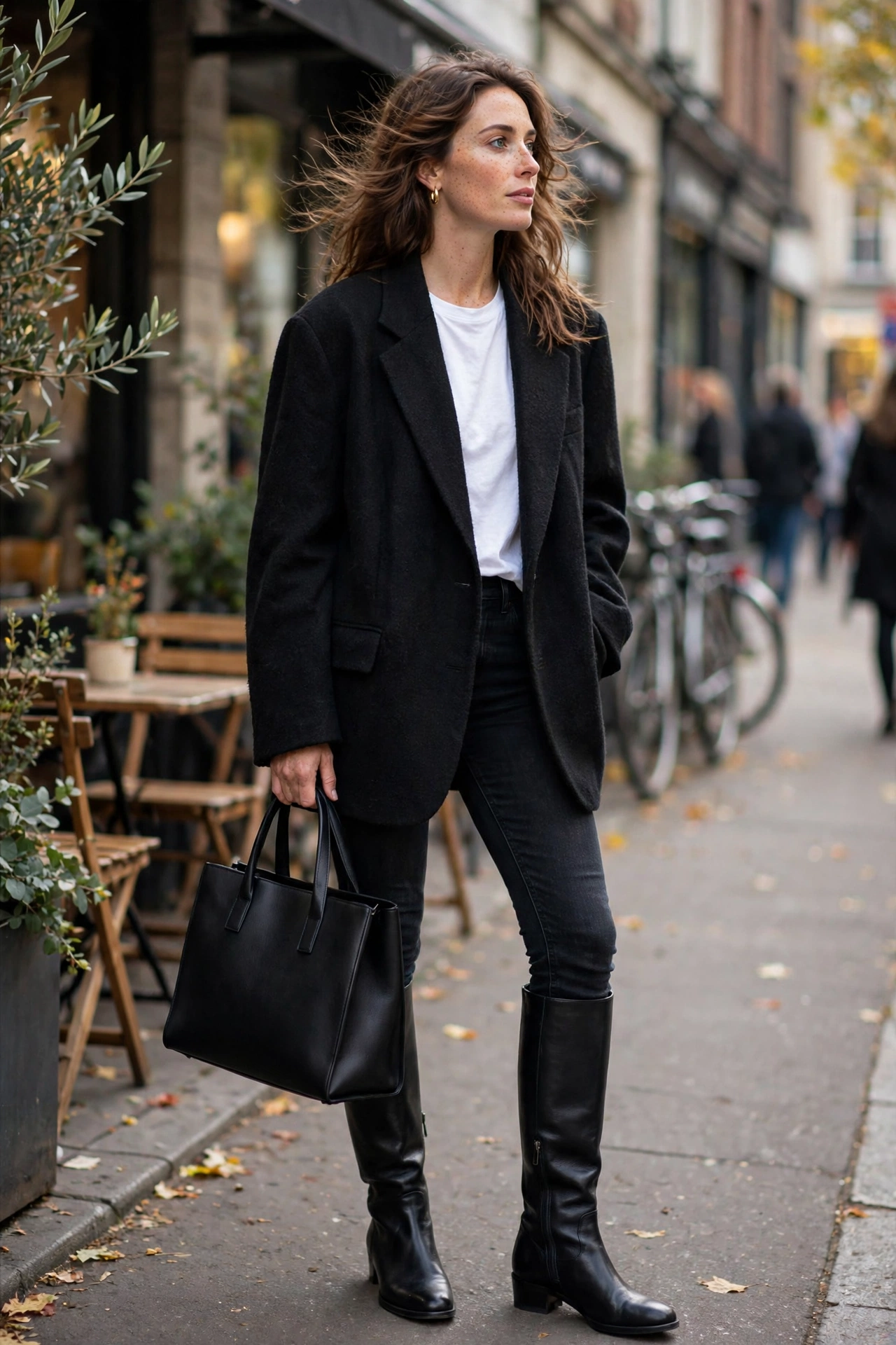 Black knee-high boots with skinny jeans, oversized blazer and a structured tote bag