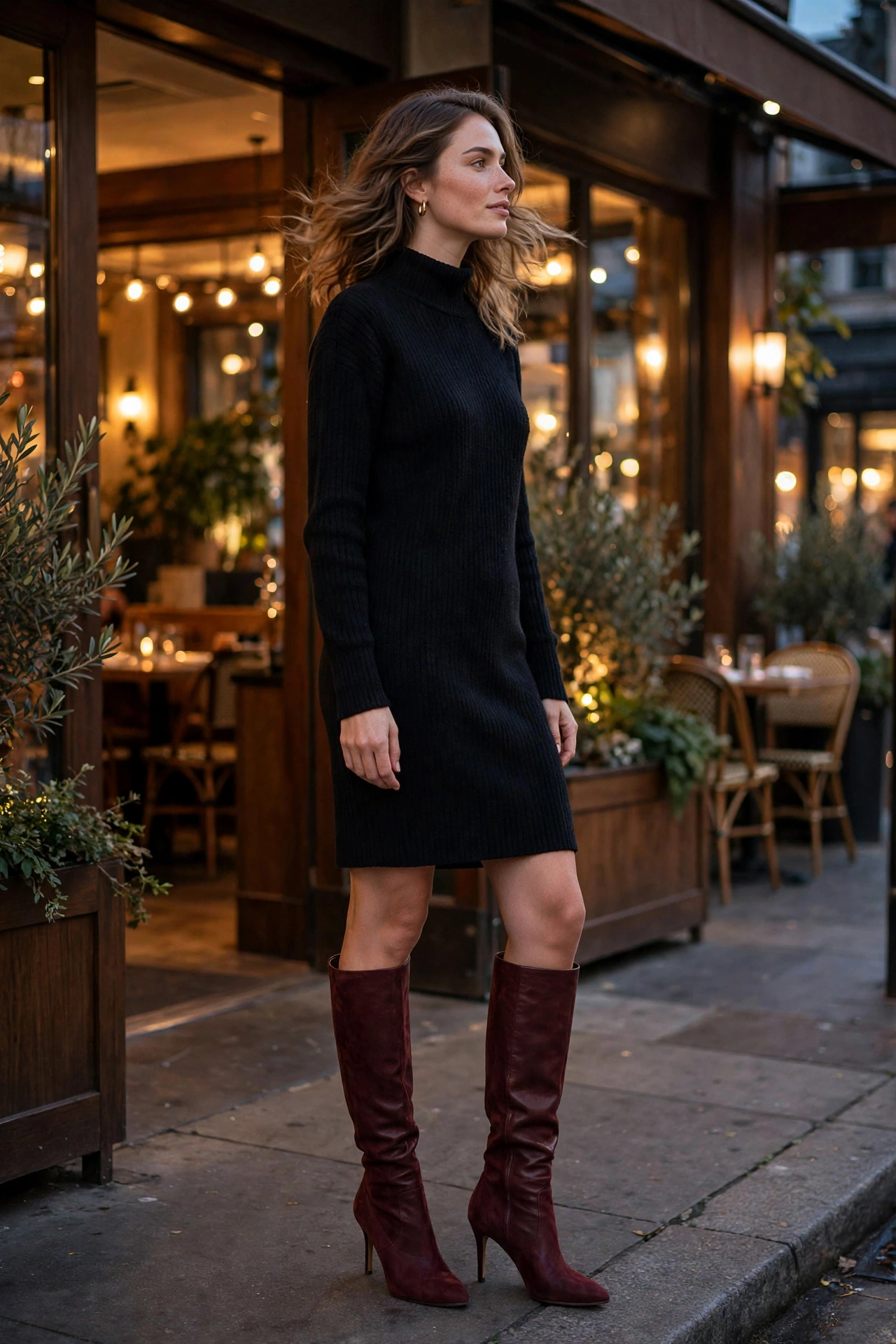 Burgundy heeled knee-high boots with a black sweater dress in the evening