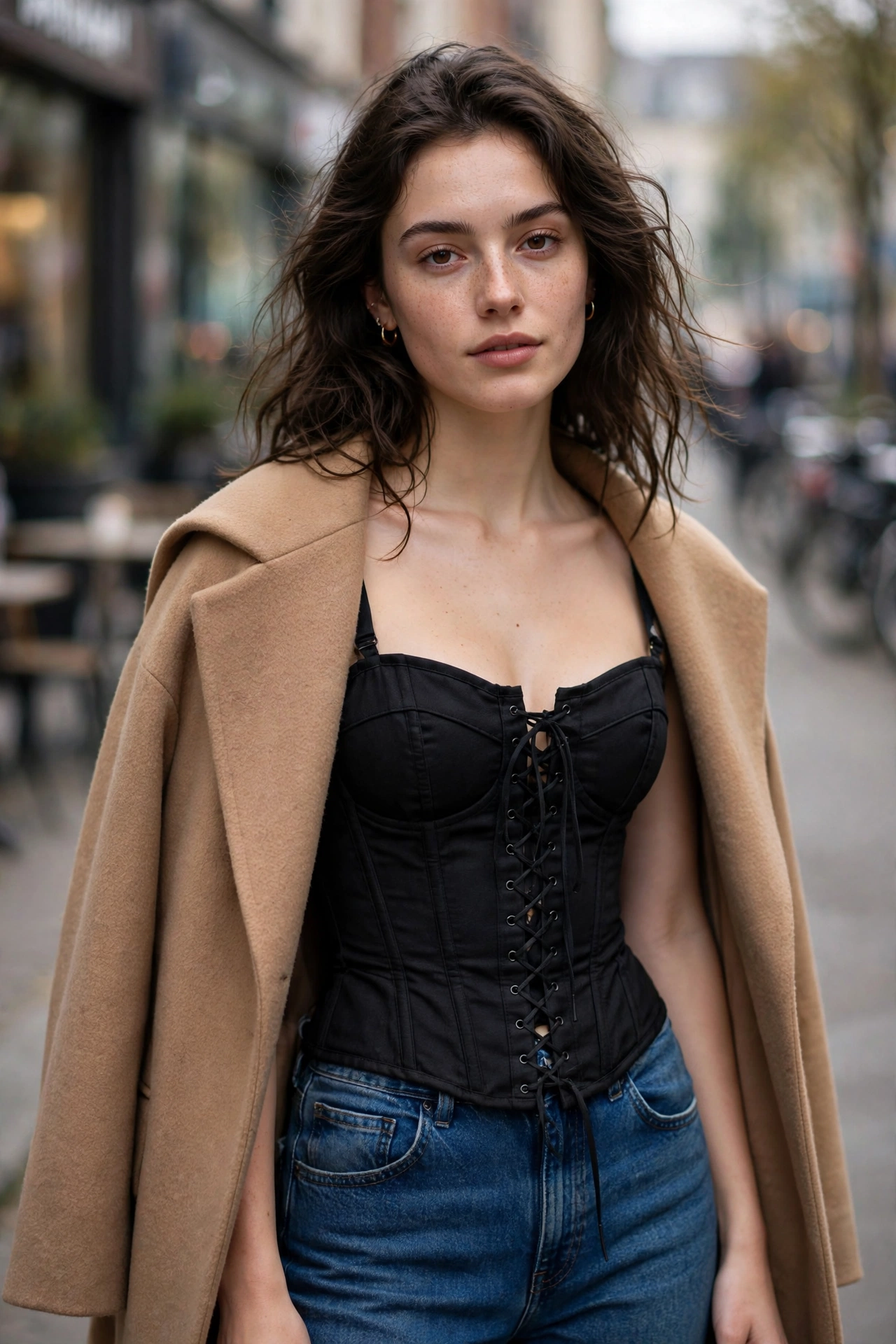 Woman wearing a black lace-up corset top with a camel coat draped over her shoulders, street style winter outfit
