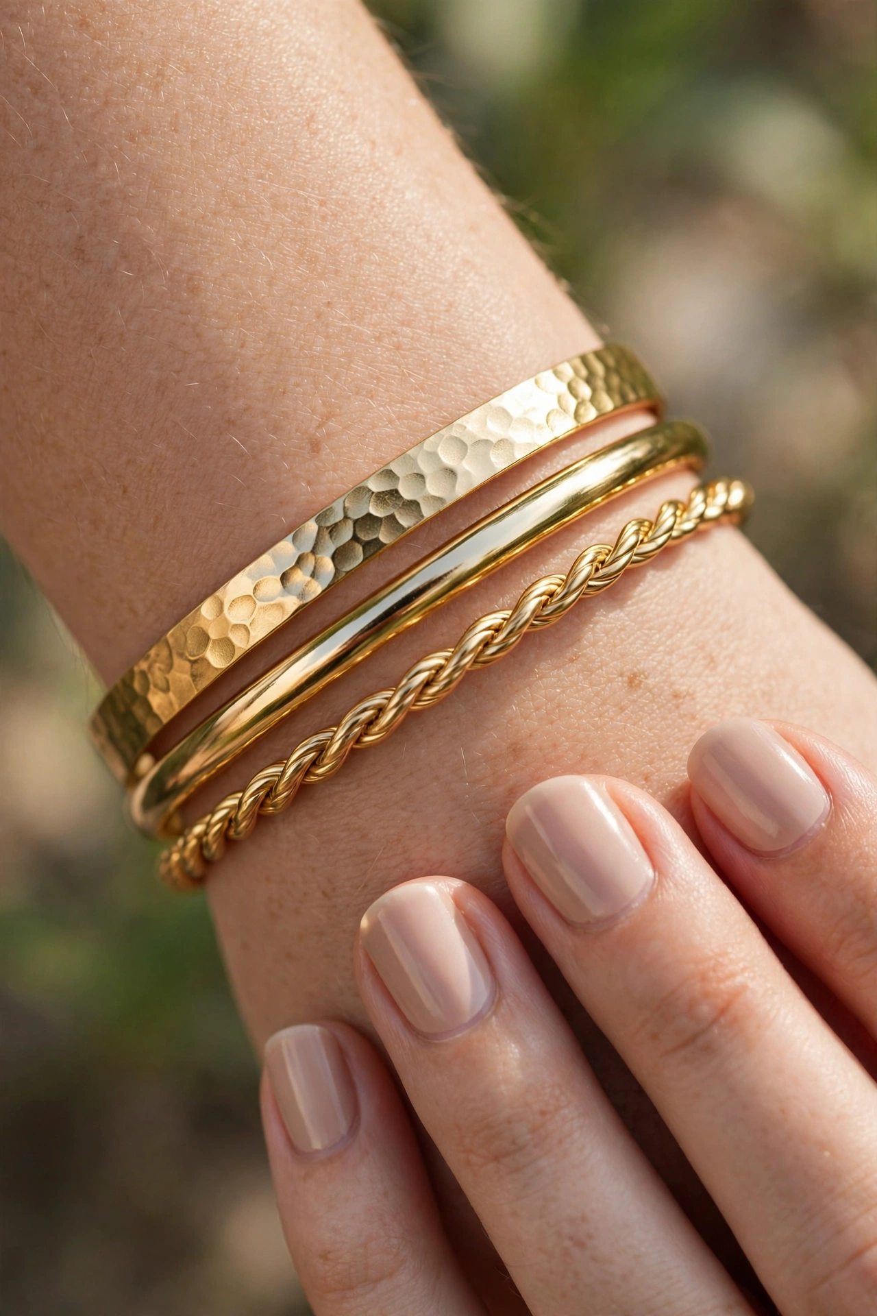 Close-up detail of slim layered gold bangles with mixed textures
