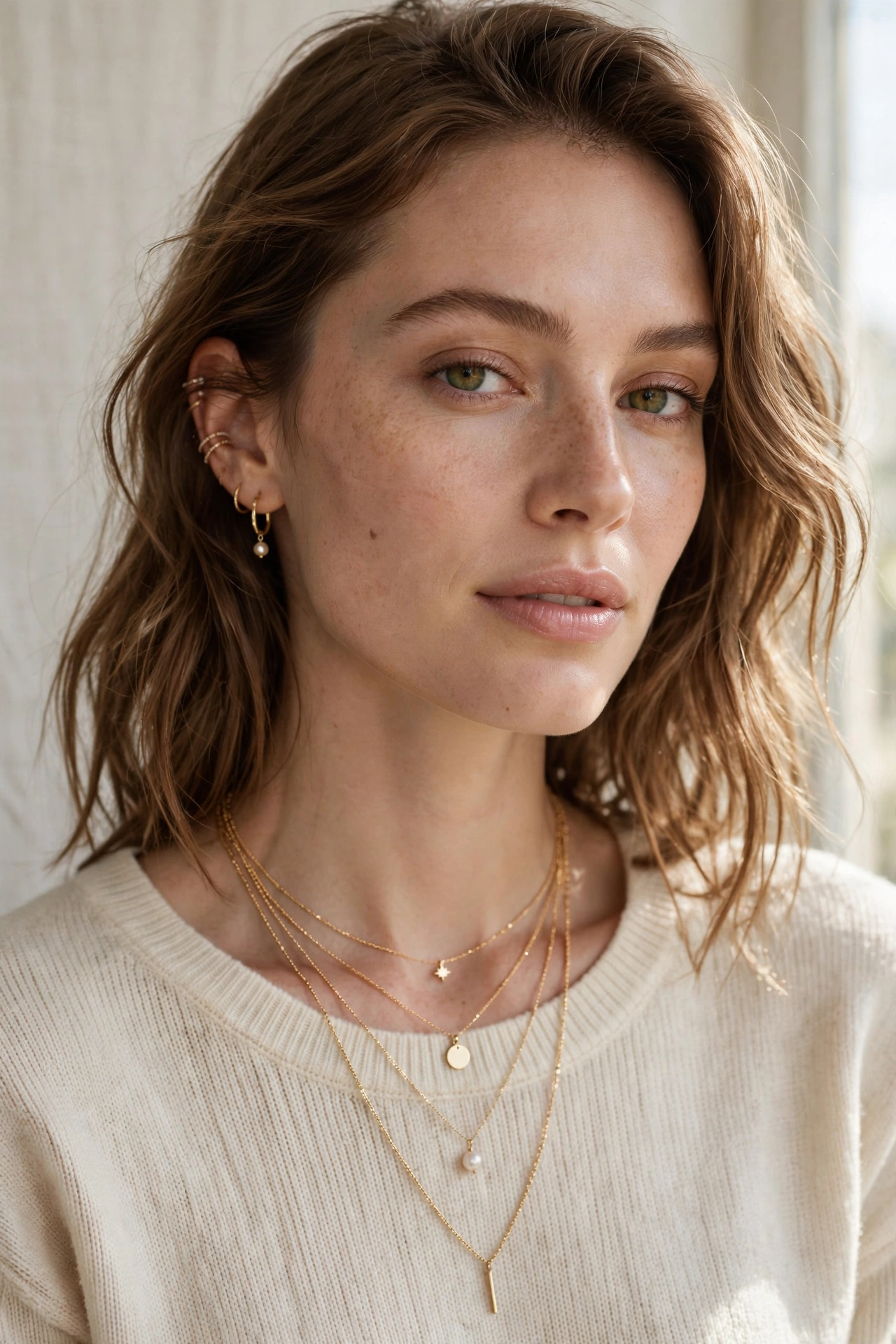 layered gold necklaces on a cream knit