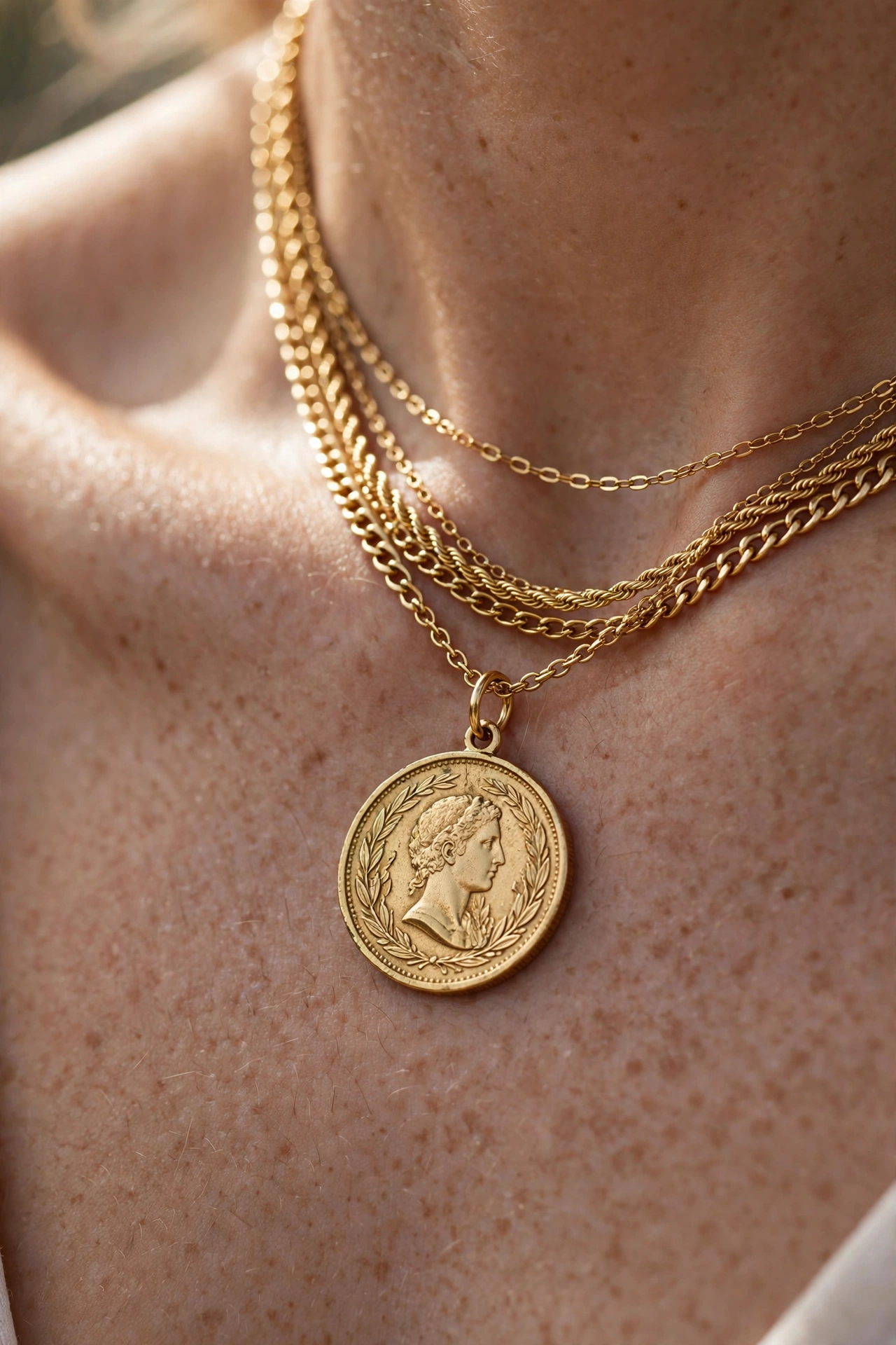 close-up of layered gold chains and coin pendant