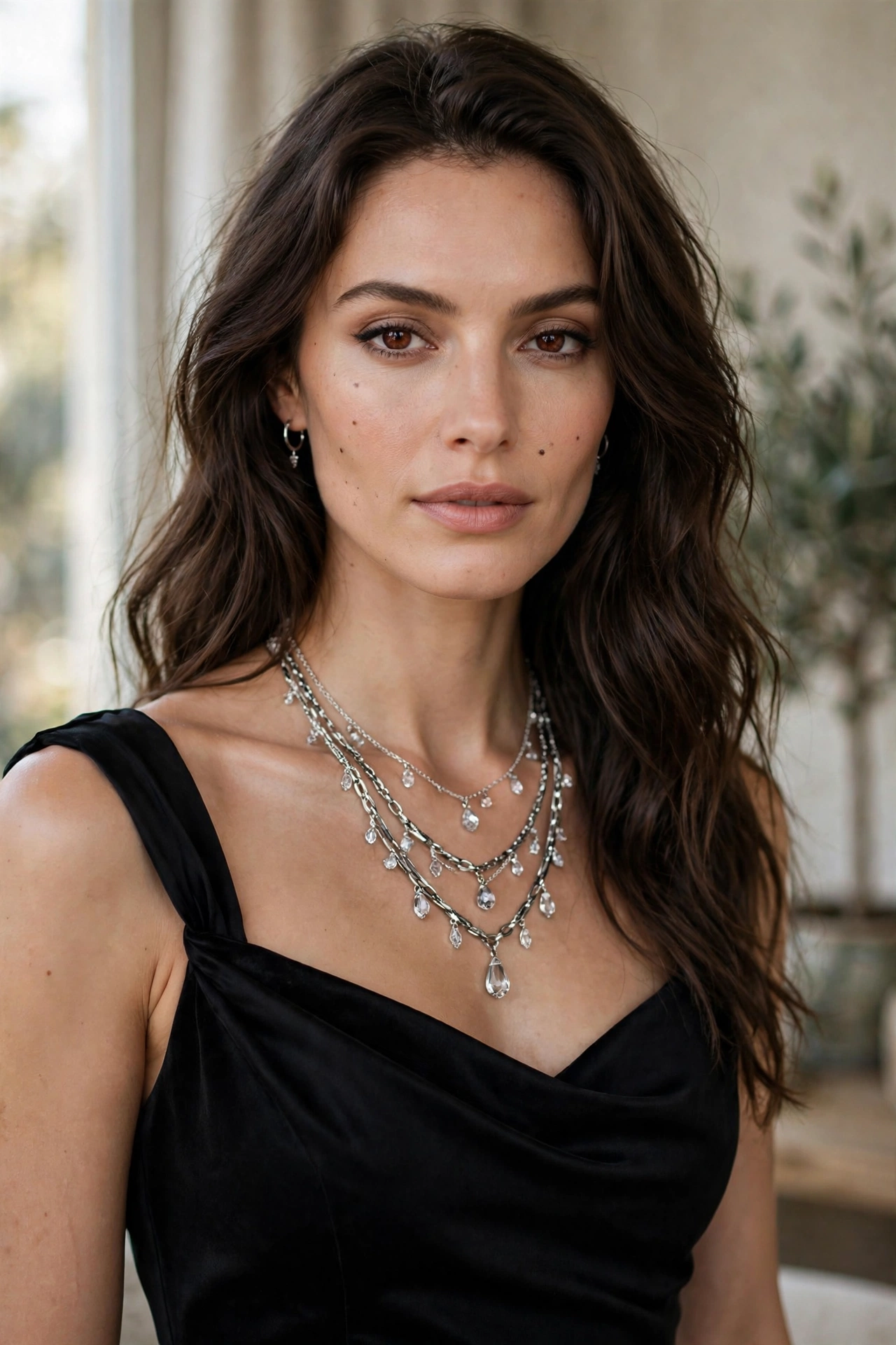 layered silver necklaces with a black evening dress