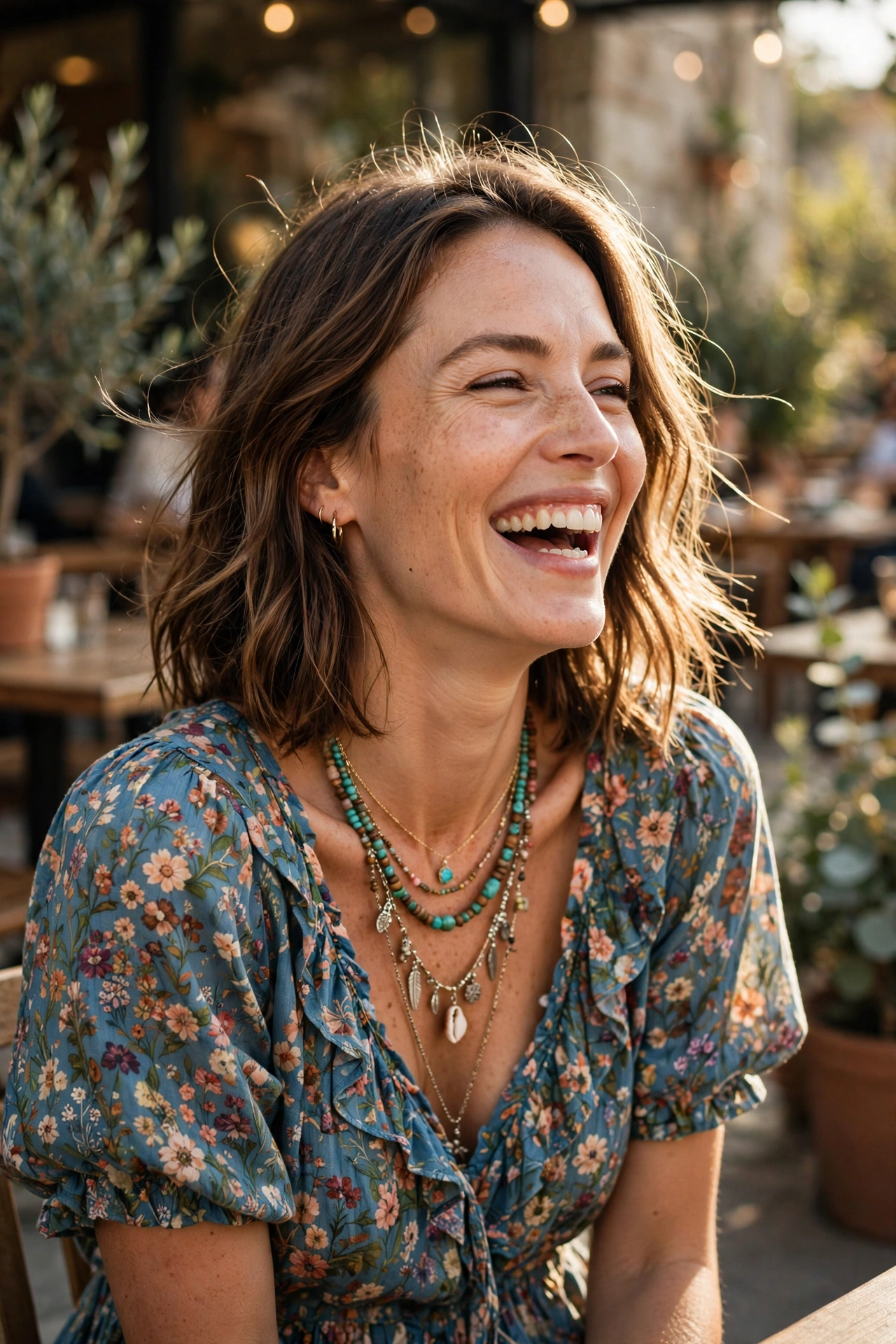 layered boho necklaces with a floral dress at a cafe