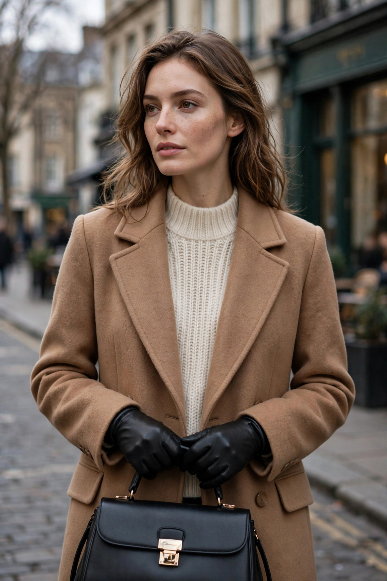 Woman in camel wool coat and cream knit wearing black leather gloves holding a structured black handbag