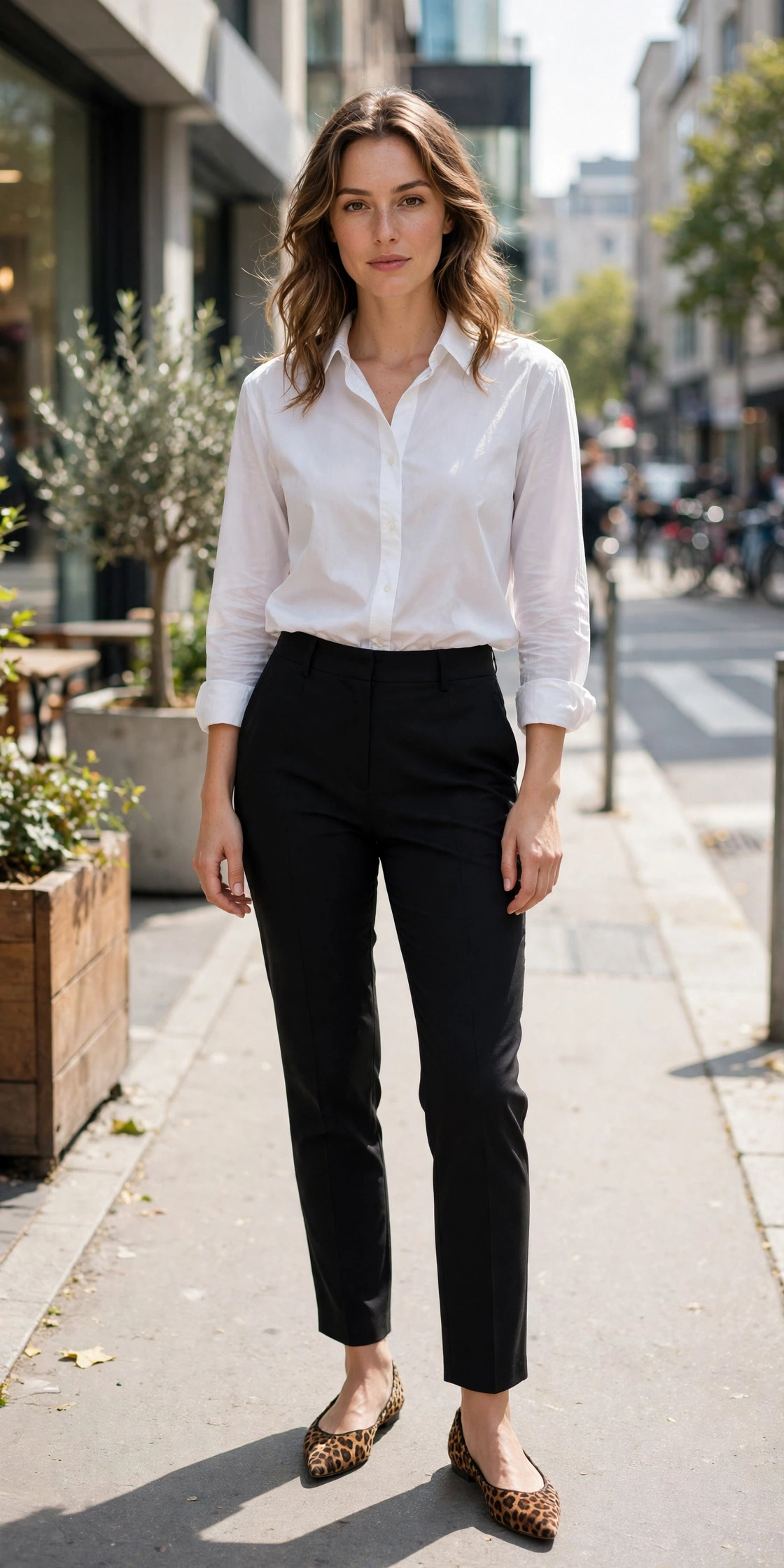 Woman wearing leopard print flats with black trousers and a white shirt in a bright street style look