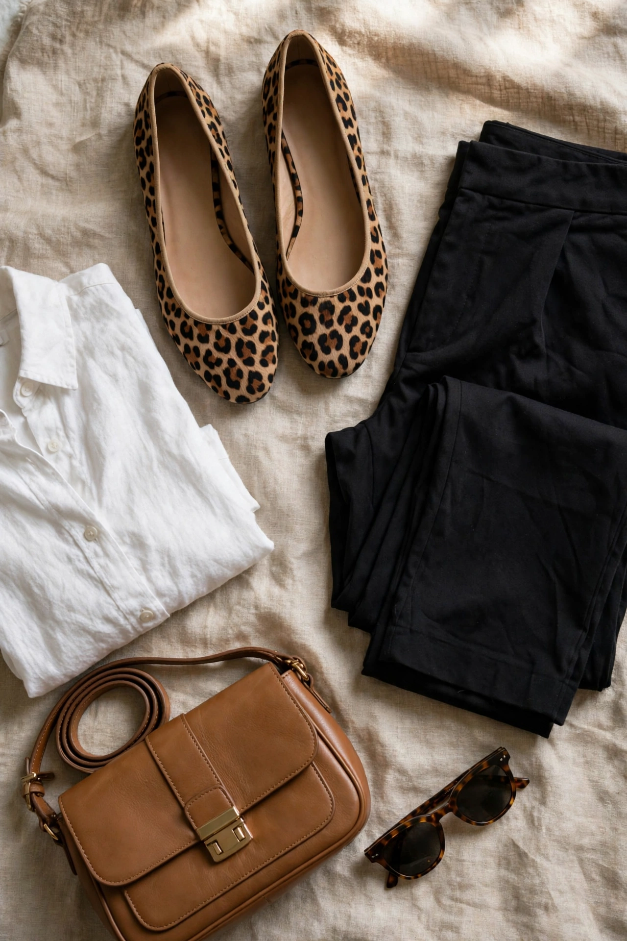 Flat lay of leopard print flats with black trousers, a white shirt, sunglasses and a tan handbag on linen