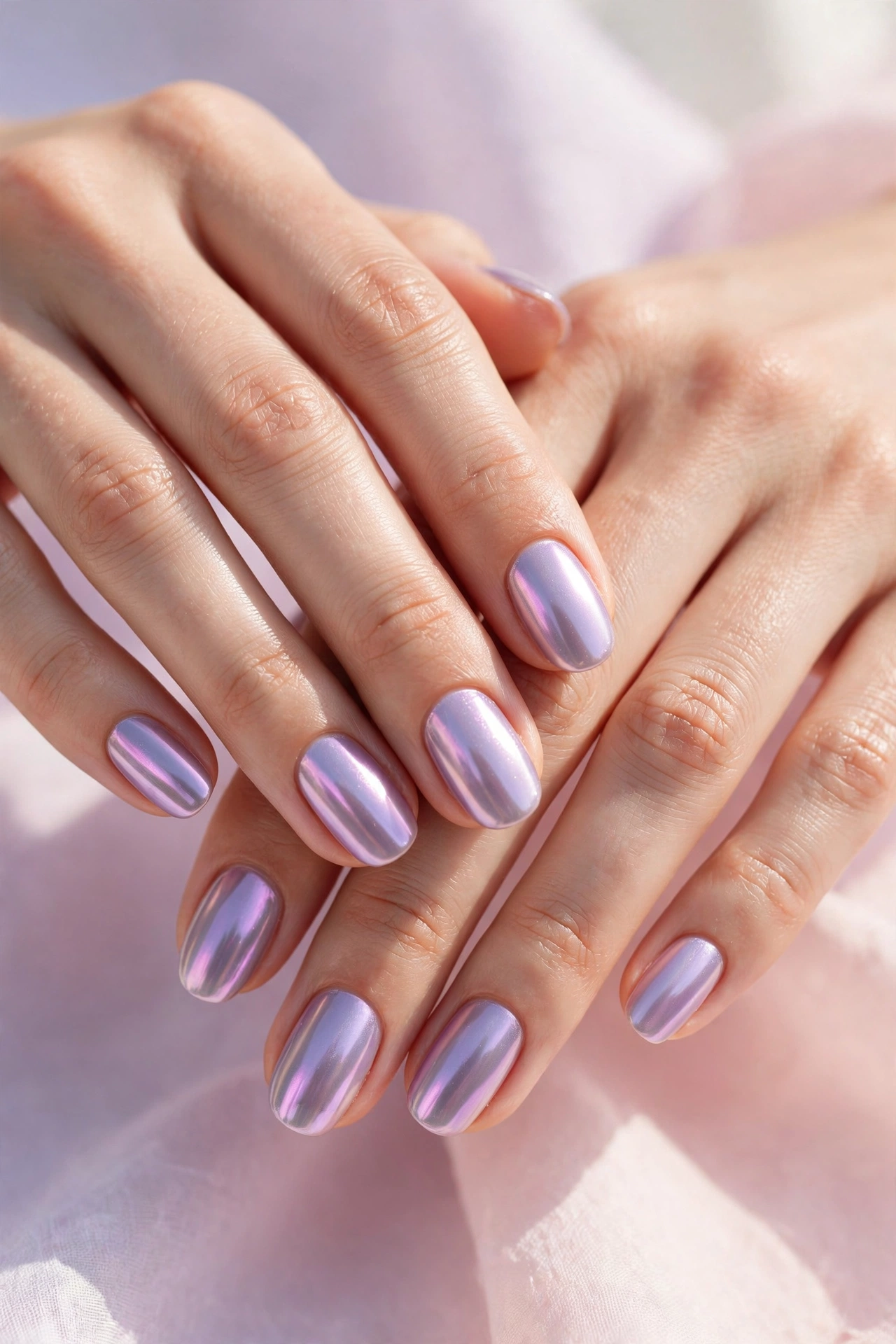 Woman's hands showing a lilac chrome manicure with soft iridescent shine