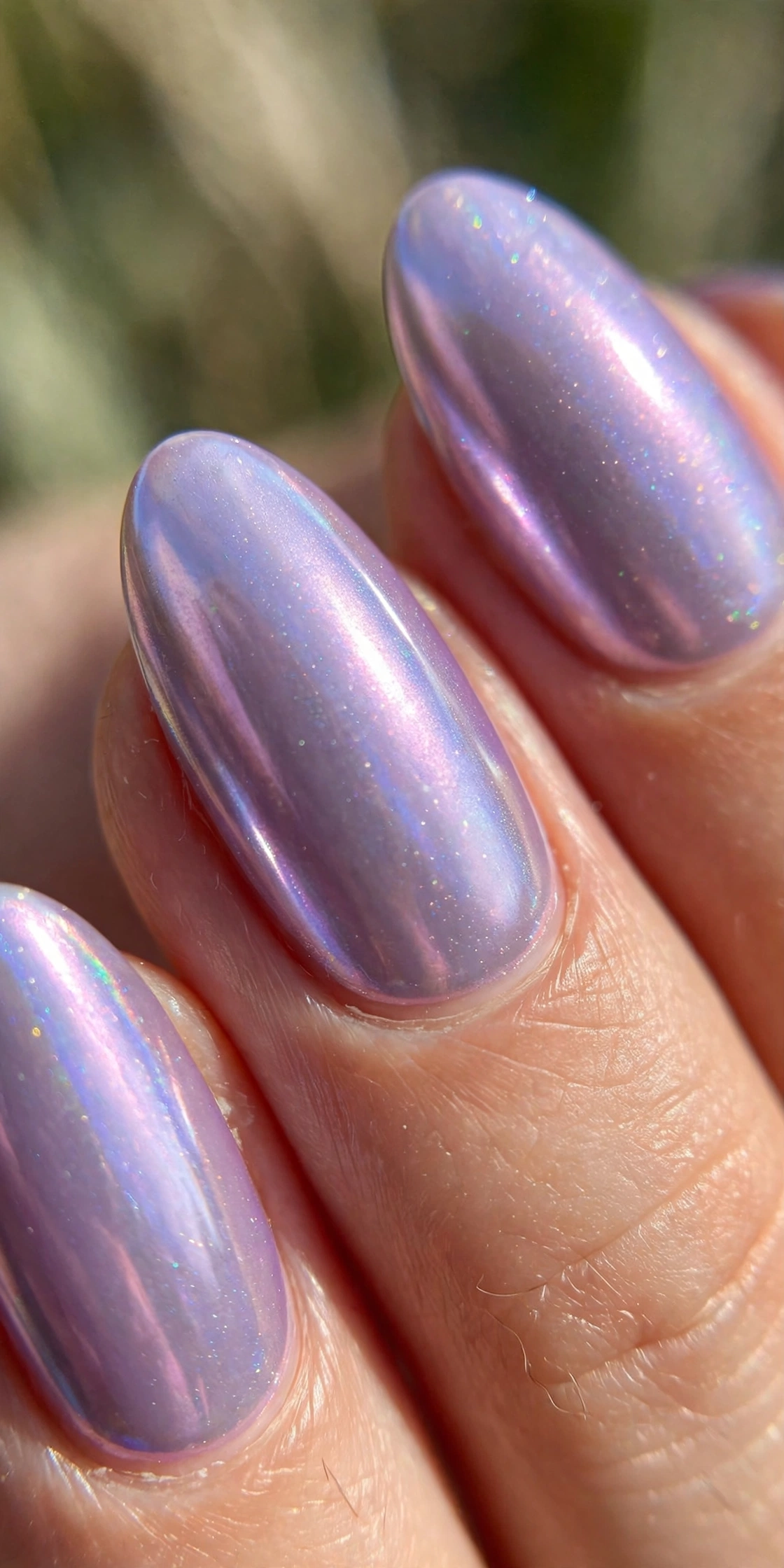 Close-up detail of lilac chrome nails showing the smooth pearly chrome finish