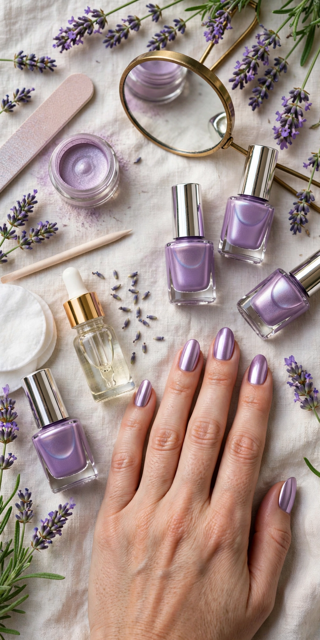 Flat lay of lilac chrome manicure polishes, chrome powder and lavender flowers