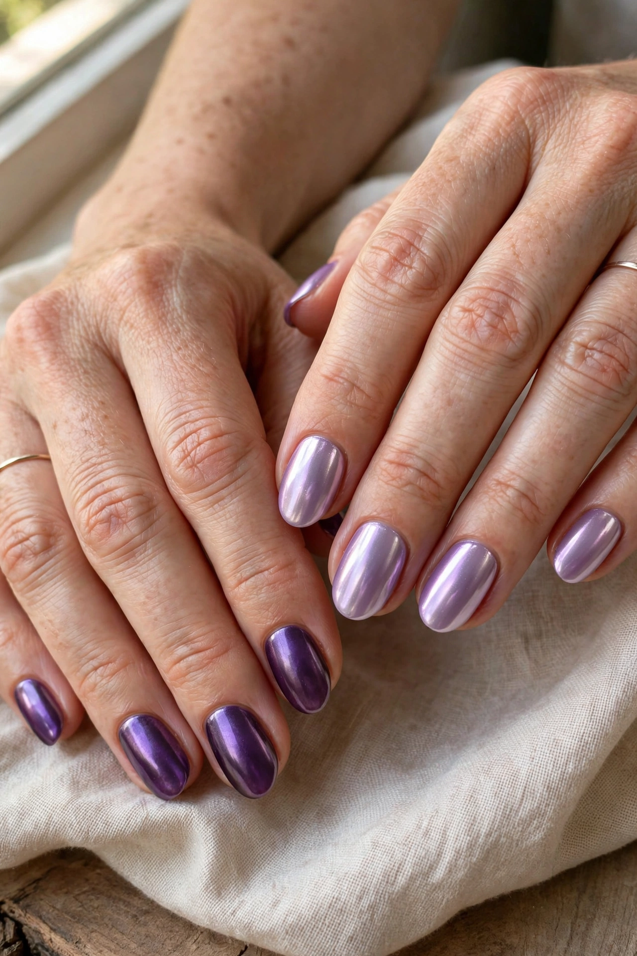 Hands showing a deeper purple chrome manicure variation beside a pale lilac chrome set