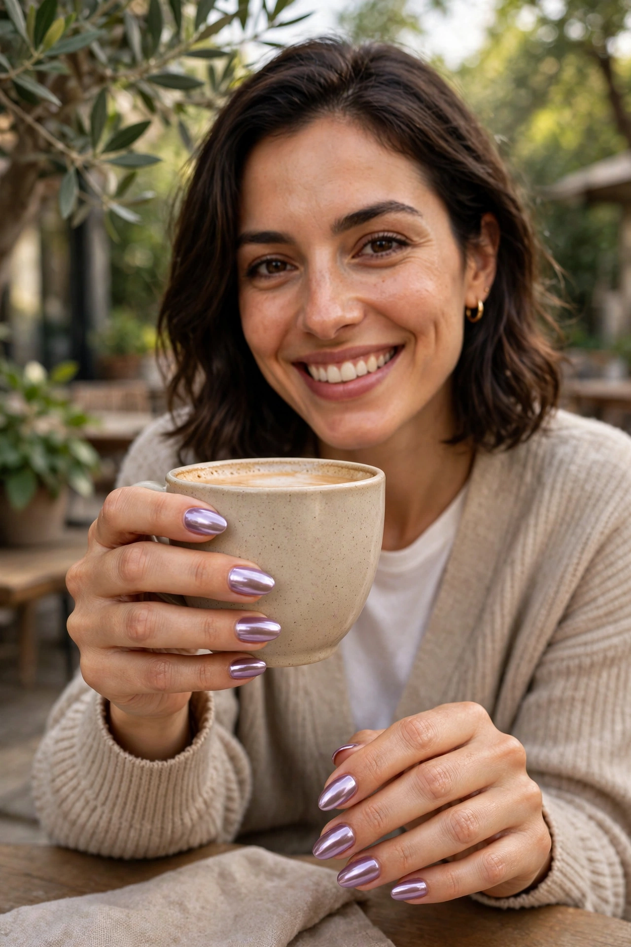 Smiling woman outdoors holding a coffee cup, showing her lilac chrome manicure