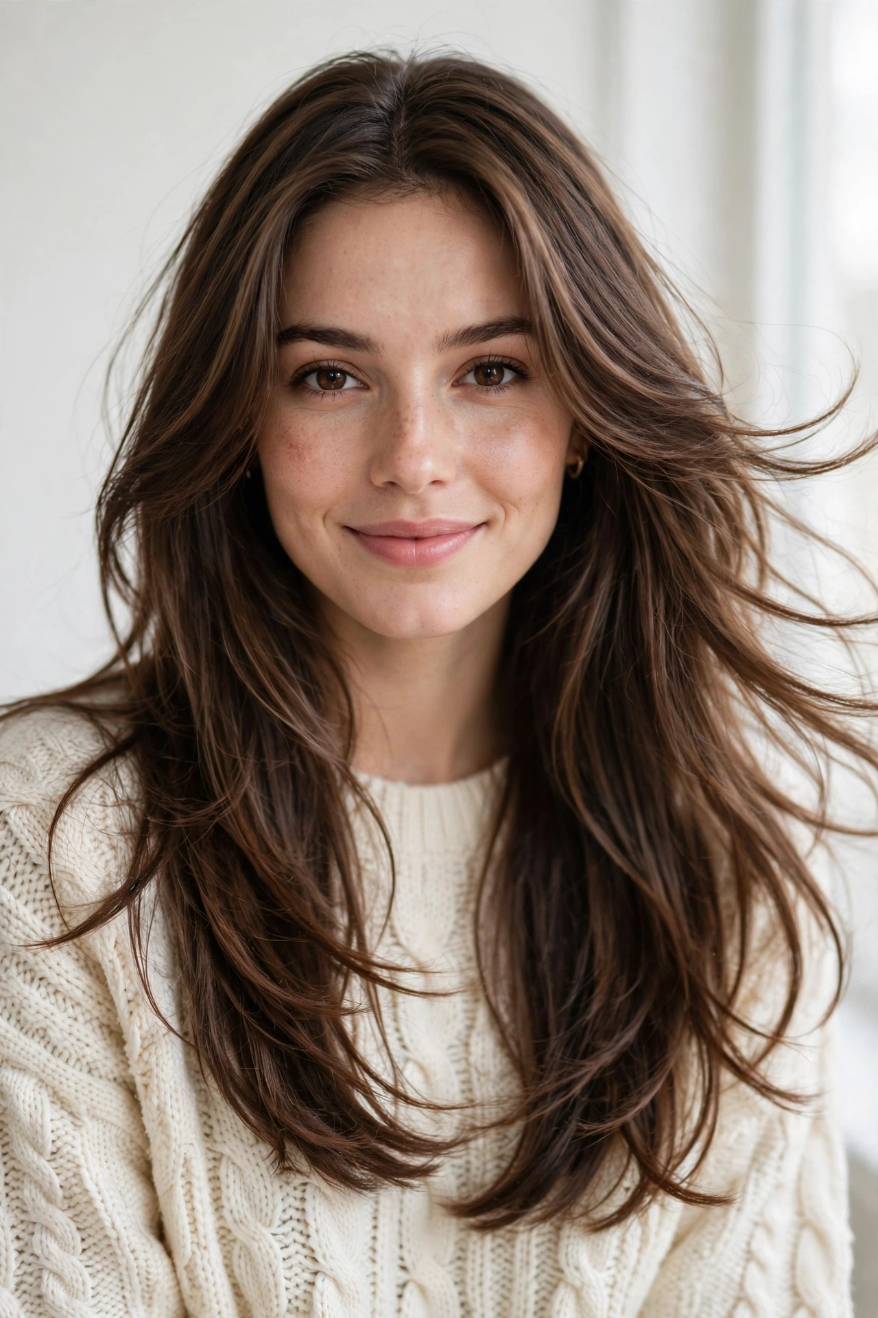 Woman with a long layered haircut with soft face-framing layers and natural movement