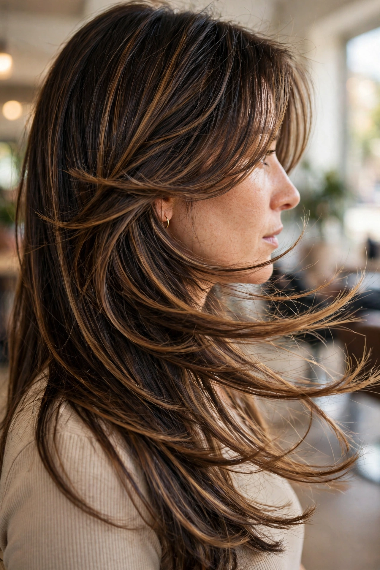 Close-up of long layered hair showing feathered layers and caramel highlights