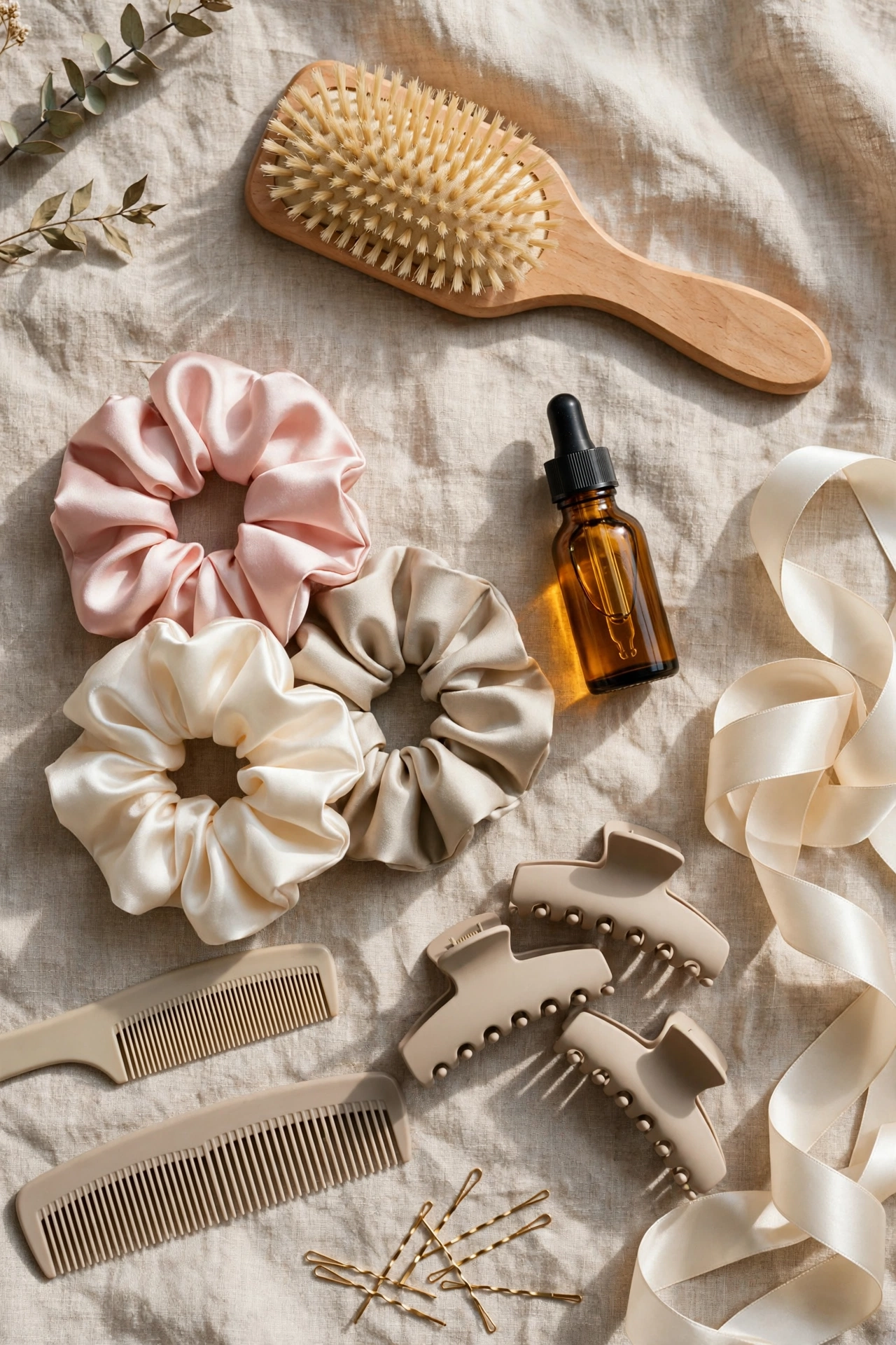 Flat lay of long hair care essentials with silk scrunchies, wooden brush and hair oil