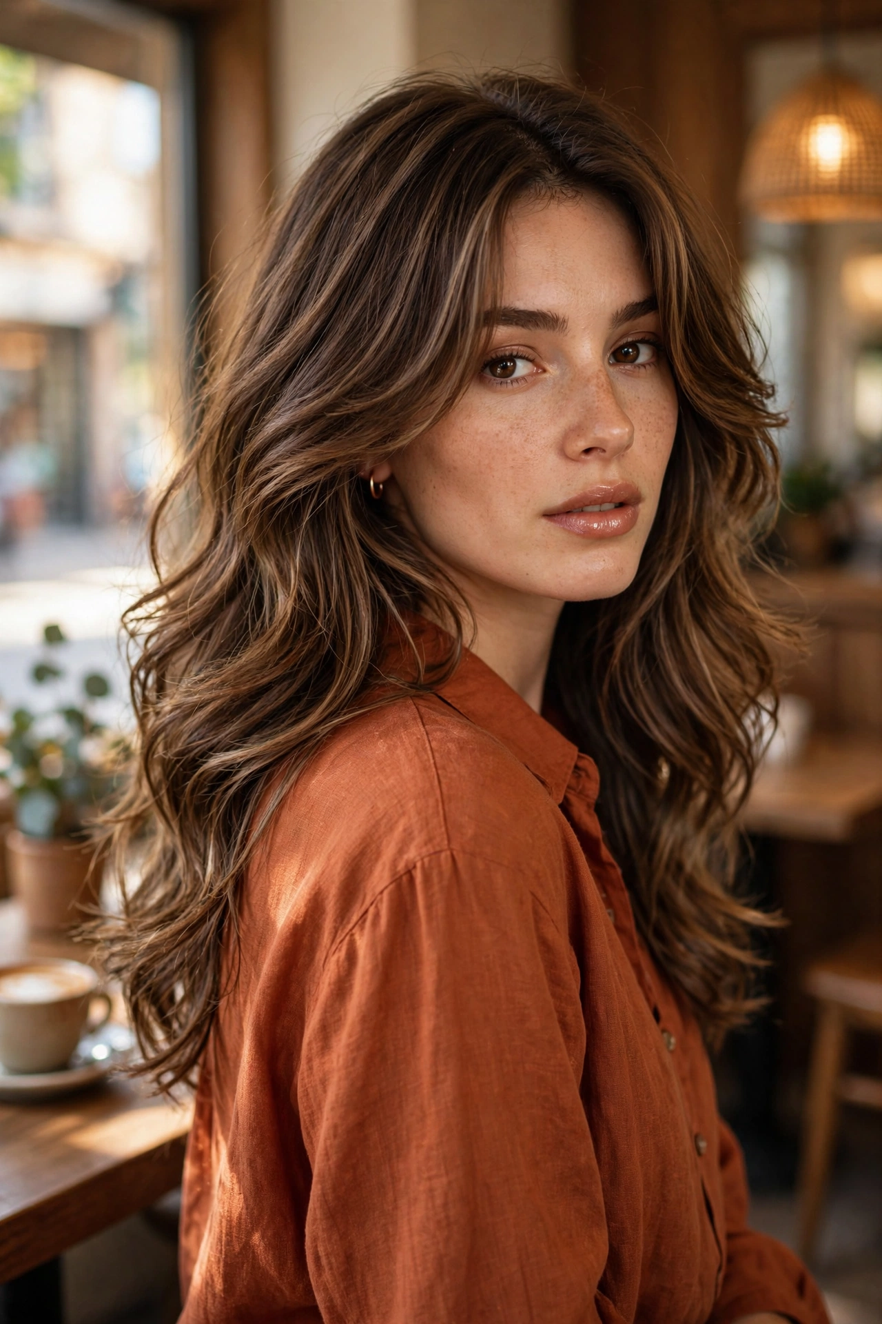 Long layered wavy hair with soft curtain layers in a rust blouse