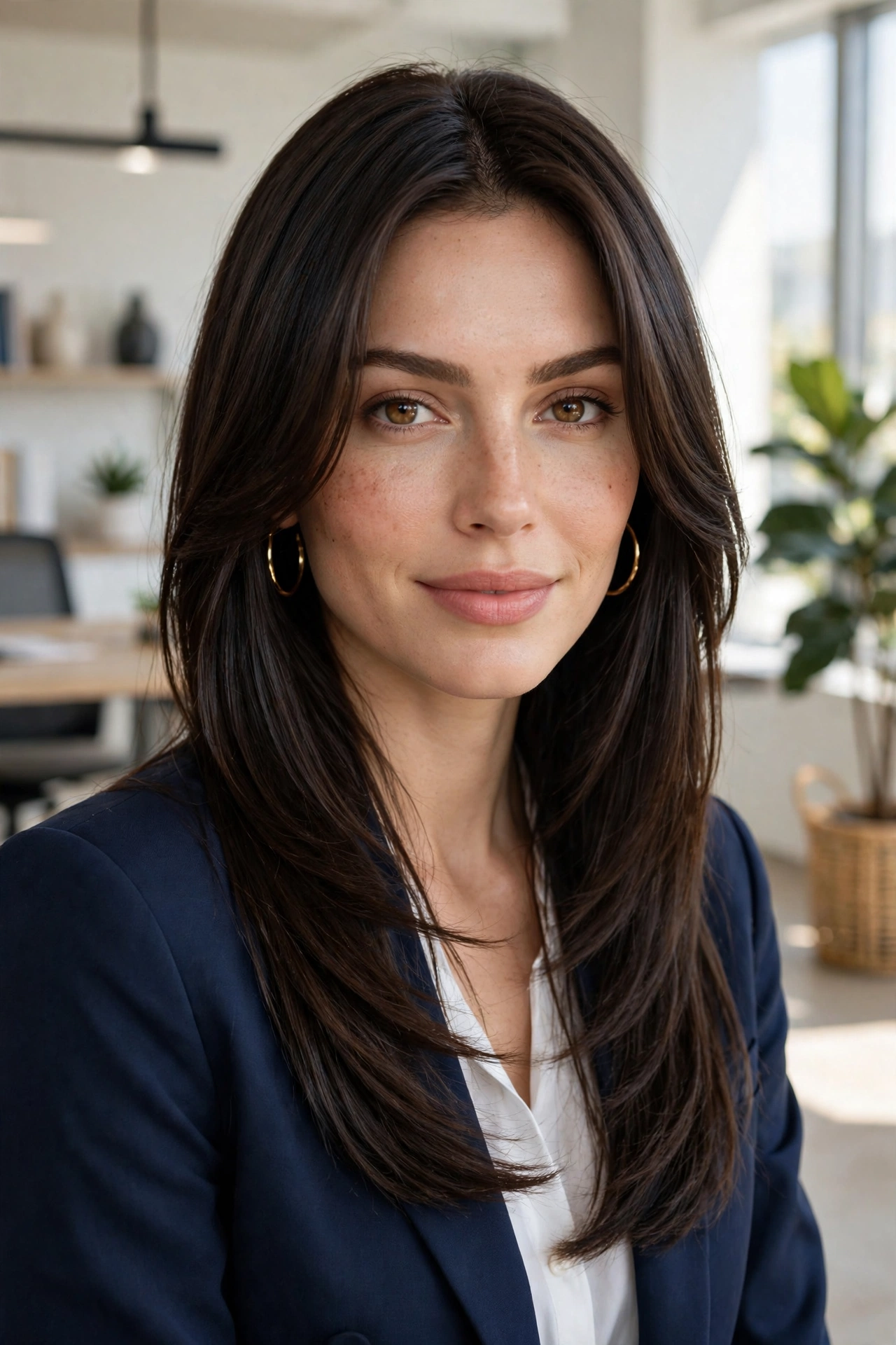 Sleek straight long layered haircut worn with a navy blazer