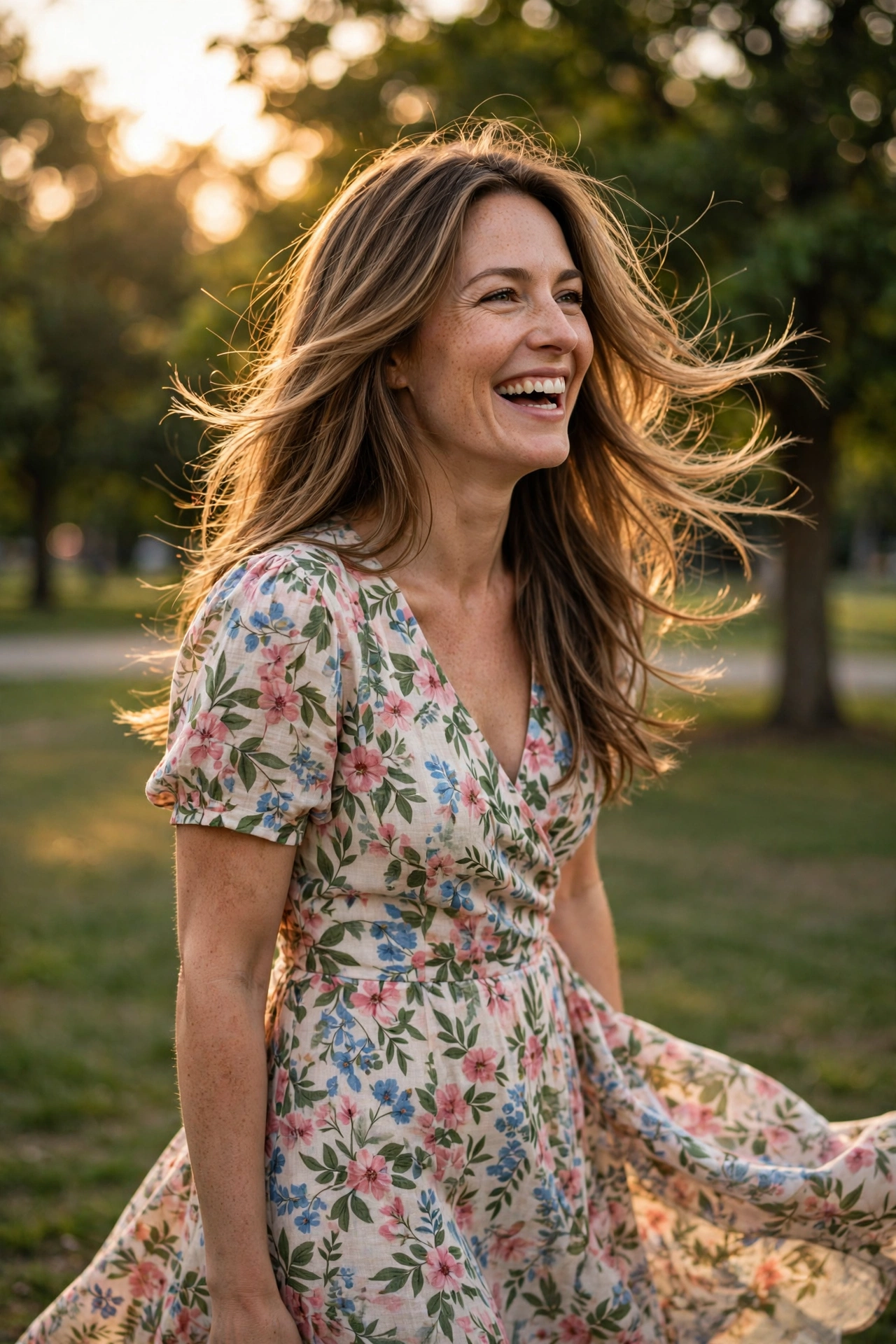 Long layered hair moving in the breeze outdoors in a floral dress