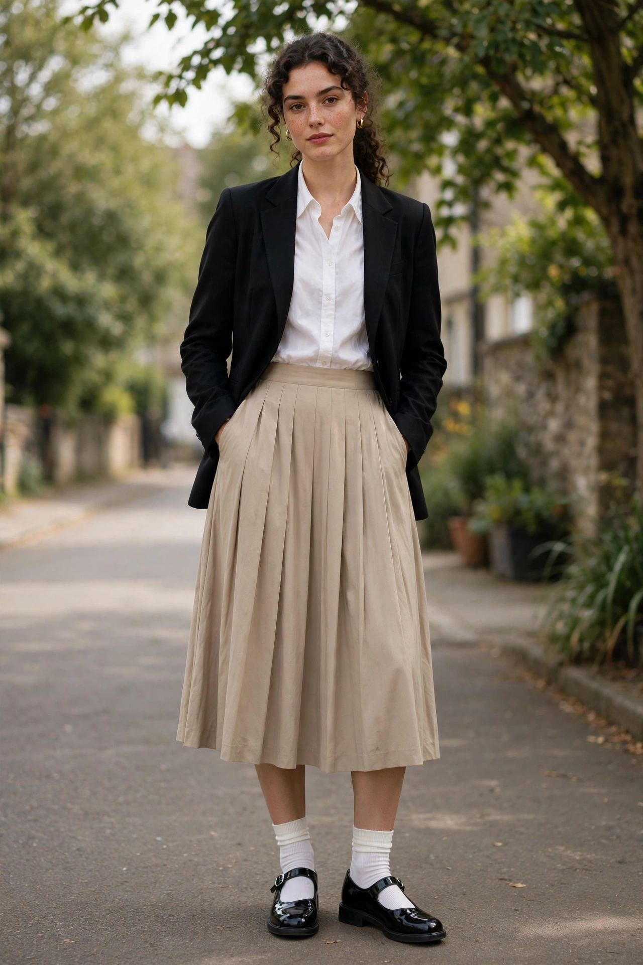Woman wearing black patent Mary Jane shoes with white socks and a pleated midi skirt