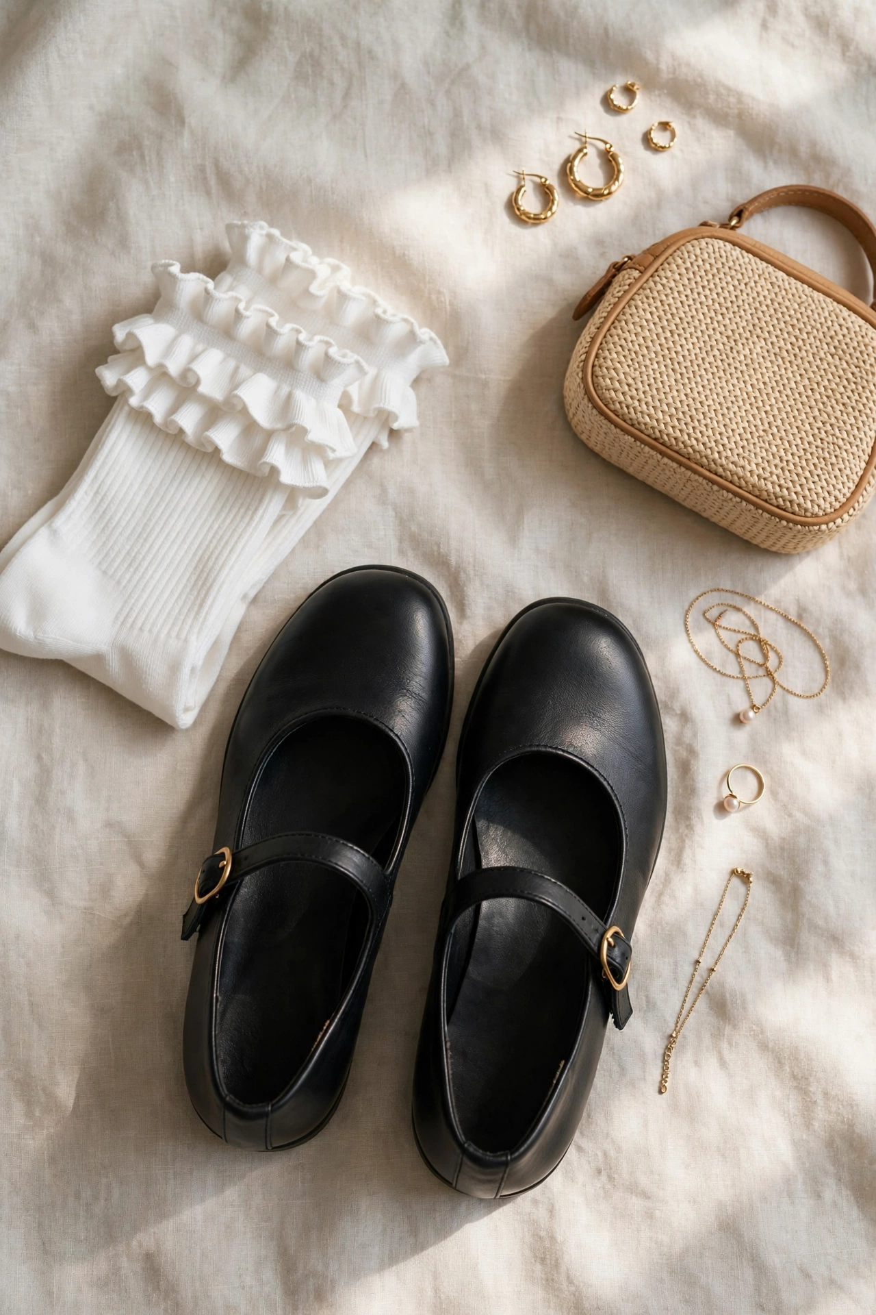 Flat lay of black Mary Jane shoes with white frilled socks, a woven bag and gold jewellery