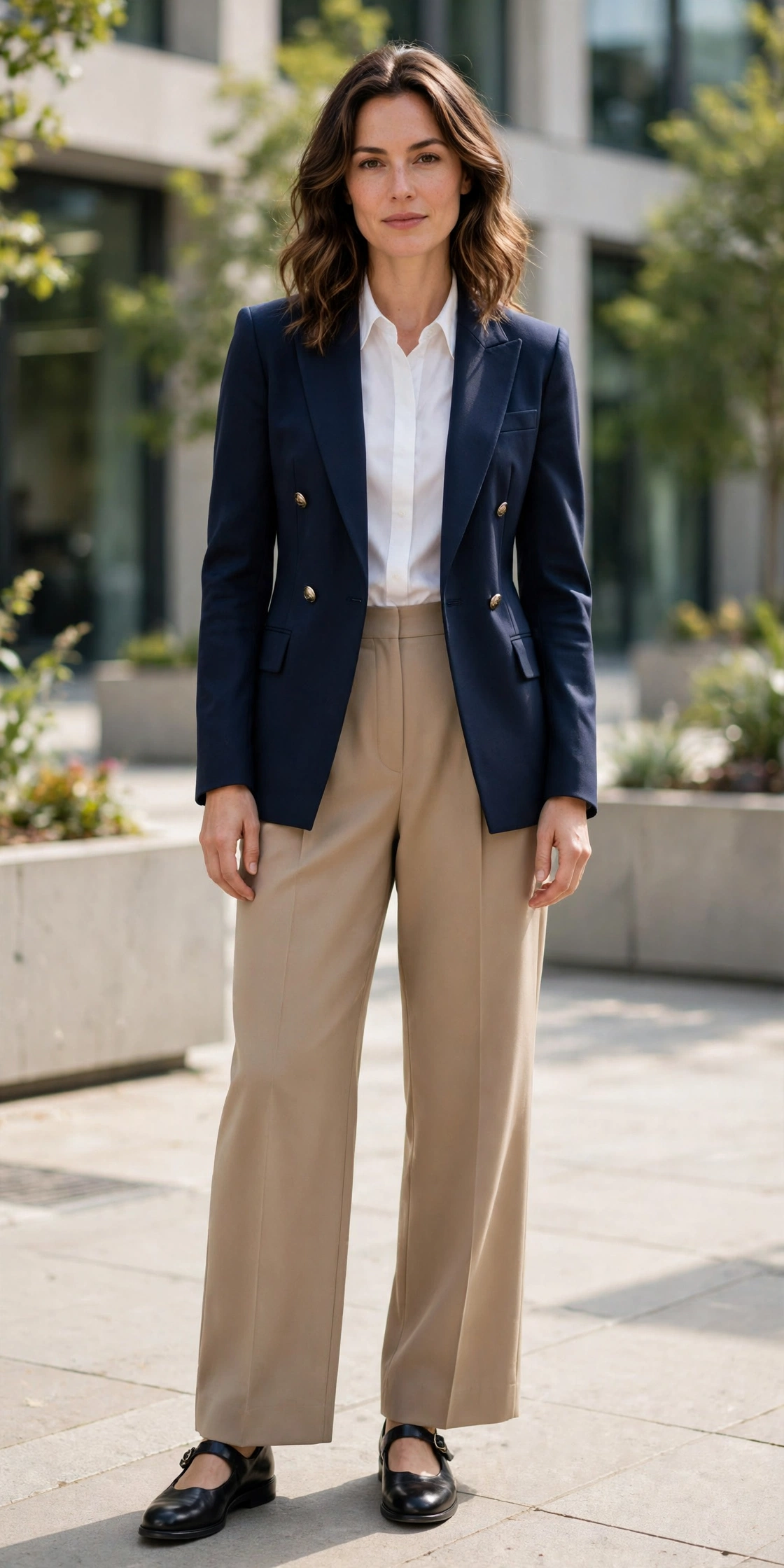 Woman wearing Mary Jane shoes with tailored trousers and a navy blazer