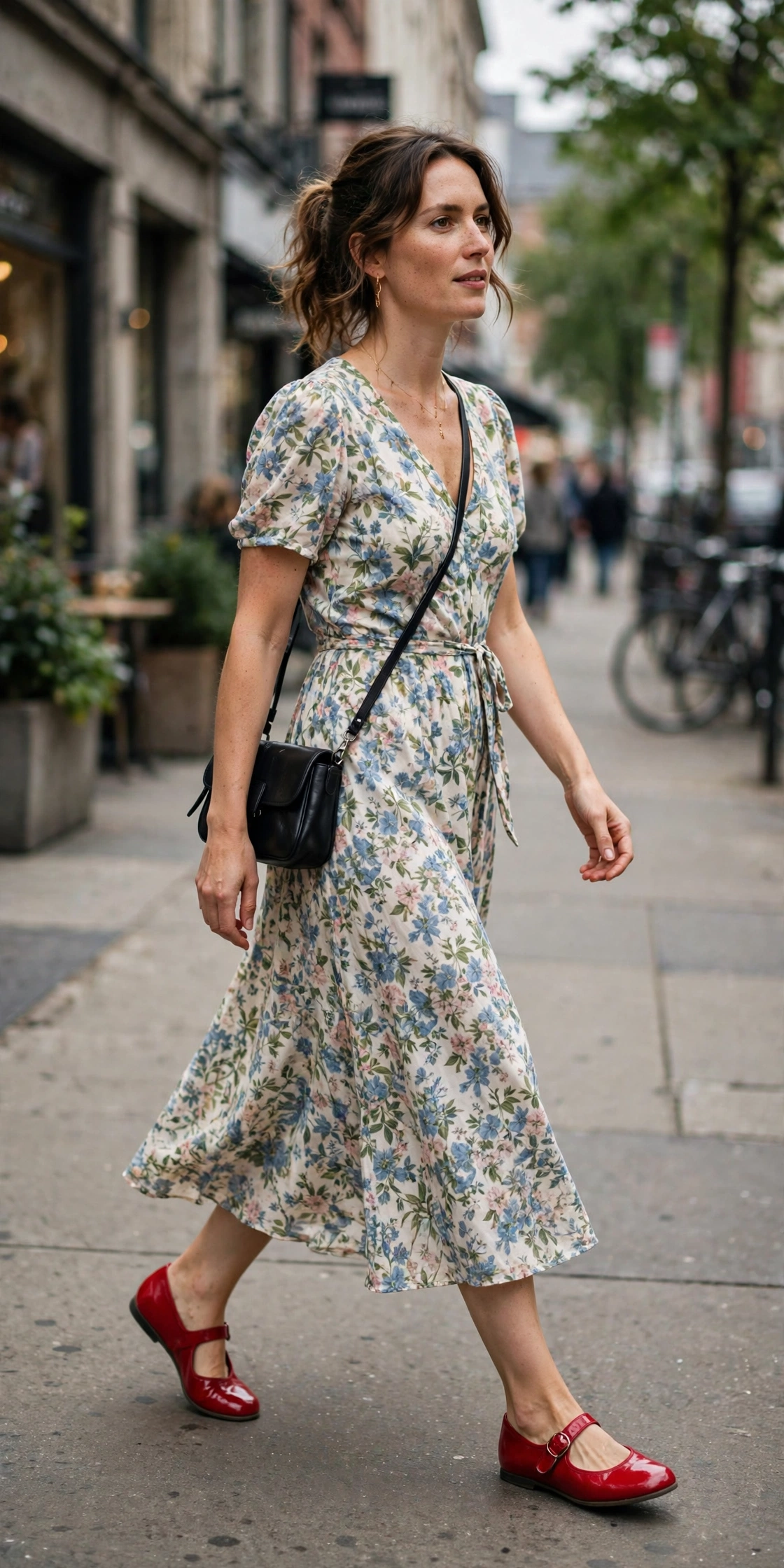 Woman walking on a city street wearing red Mary Jane shoes with a floral midi dress