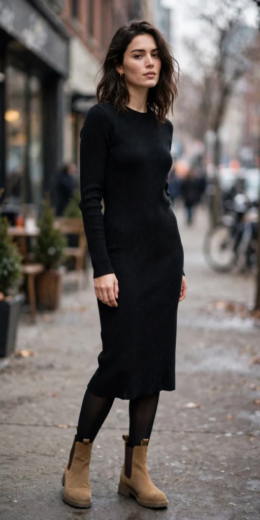 Woman in a black ribbed knit midi dress, opaque black tights, and tan suede Chelsea ankle boots standing on a winter city sidewalk