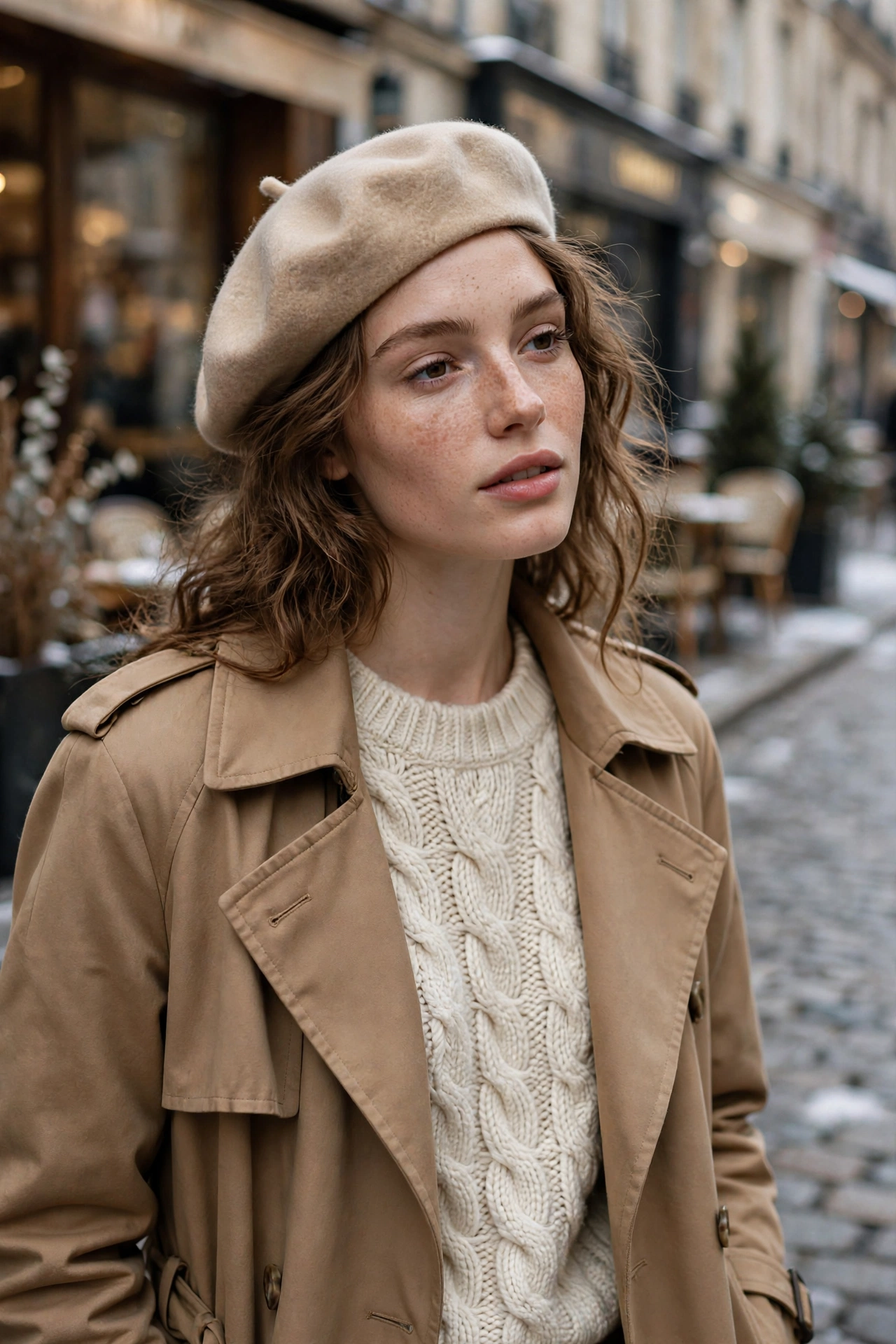 Woman in a beige wool beret styled with a cream sweater and trench coat on a city street