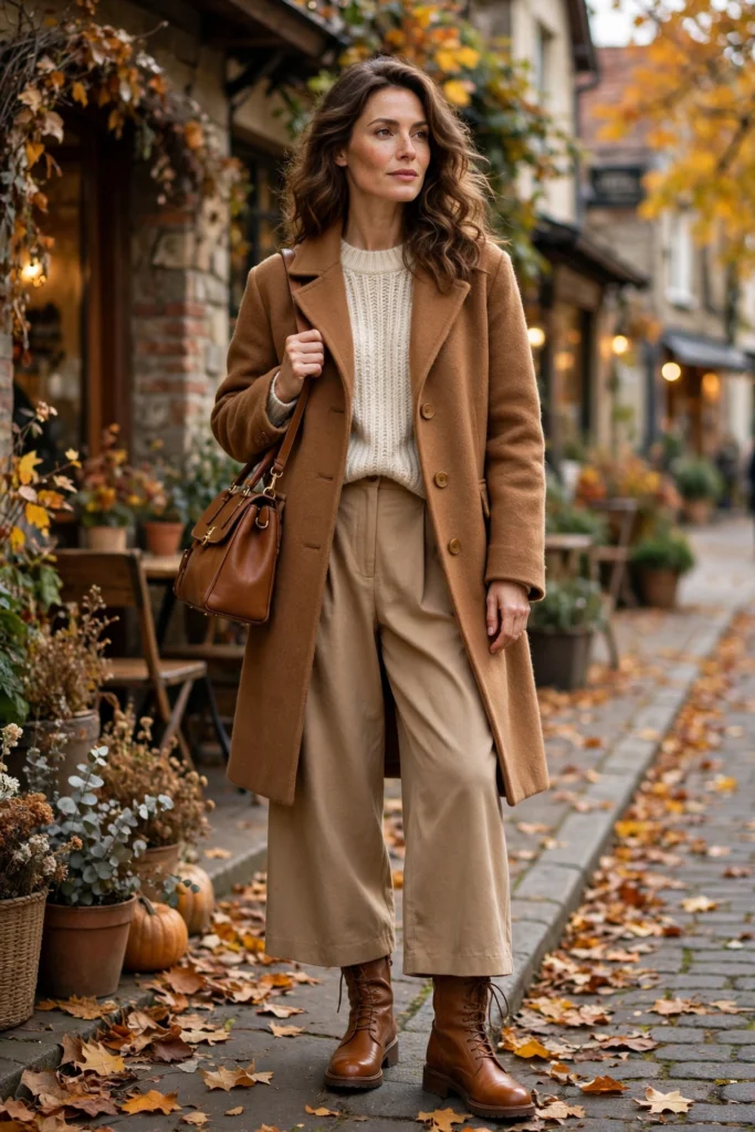 Woman in a caramel wool coat layered over a cream knit sweater with tan wide-leg trousers and caramel boots