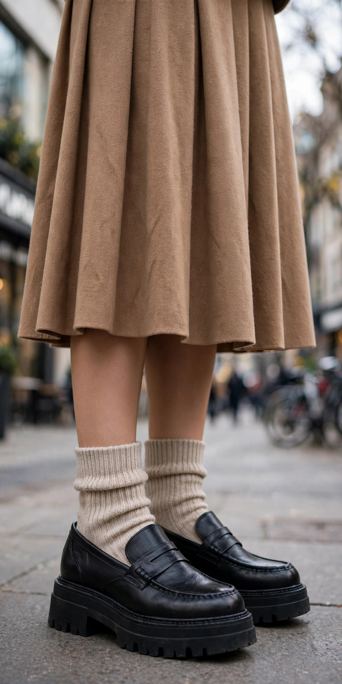 Chunky black platform loafers styled with ribbed socks and a camel pleated skirt