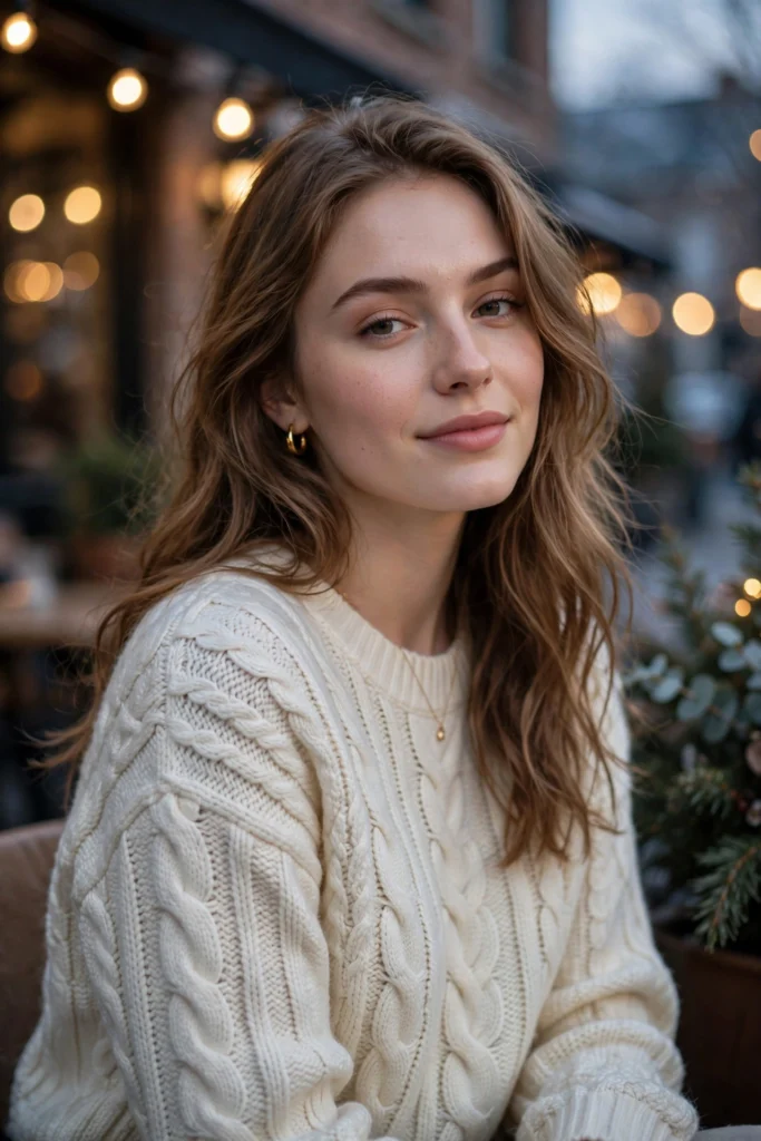 Woman in a cream cable knit sweater on a winter date night