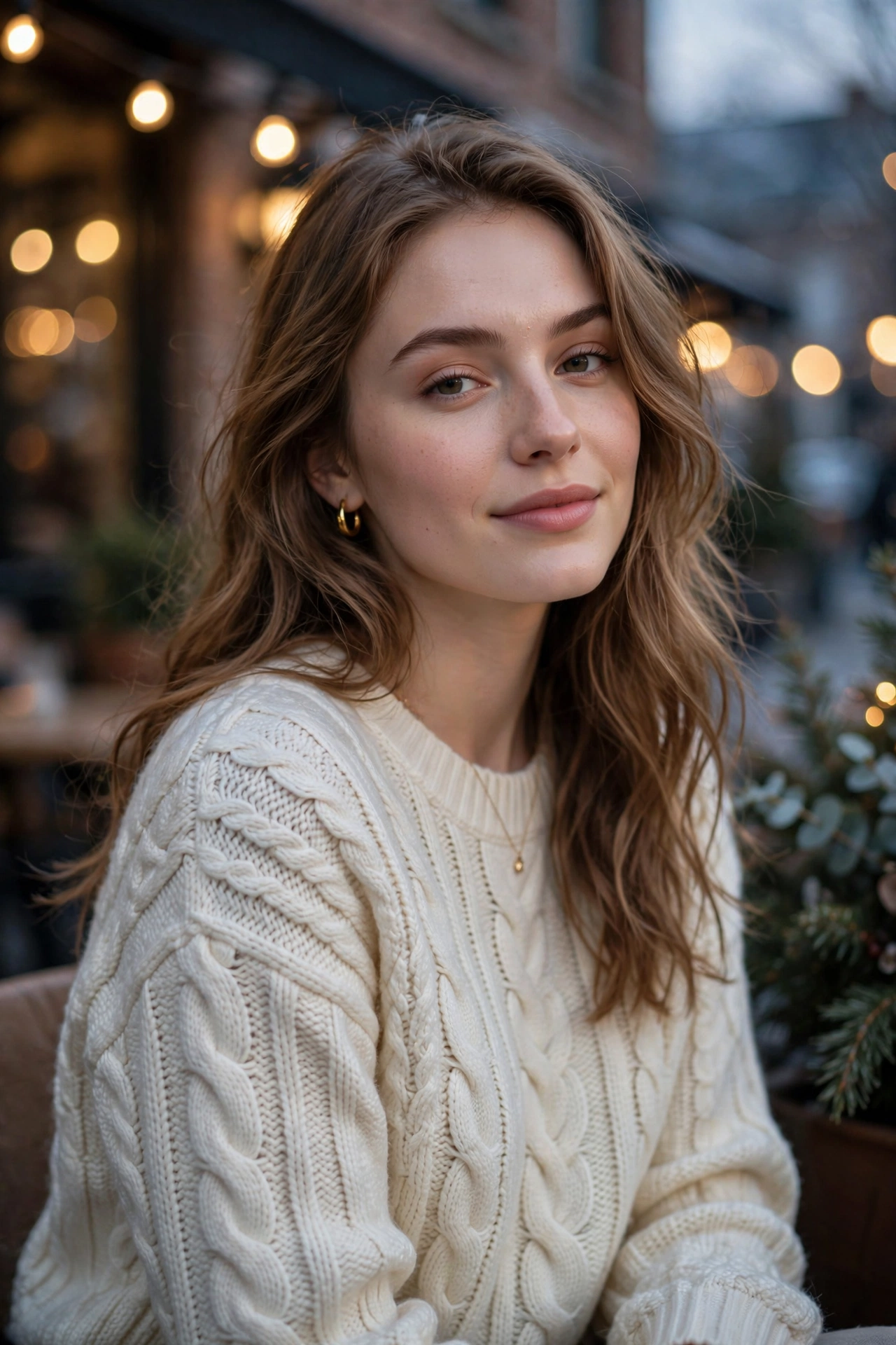 Woman in a cream cable knit sweater on a winter date night