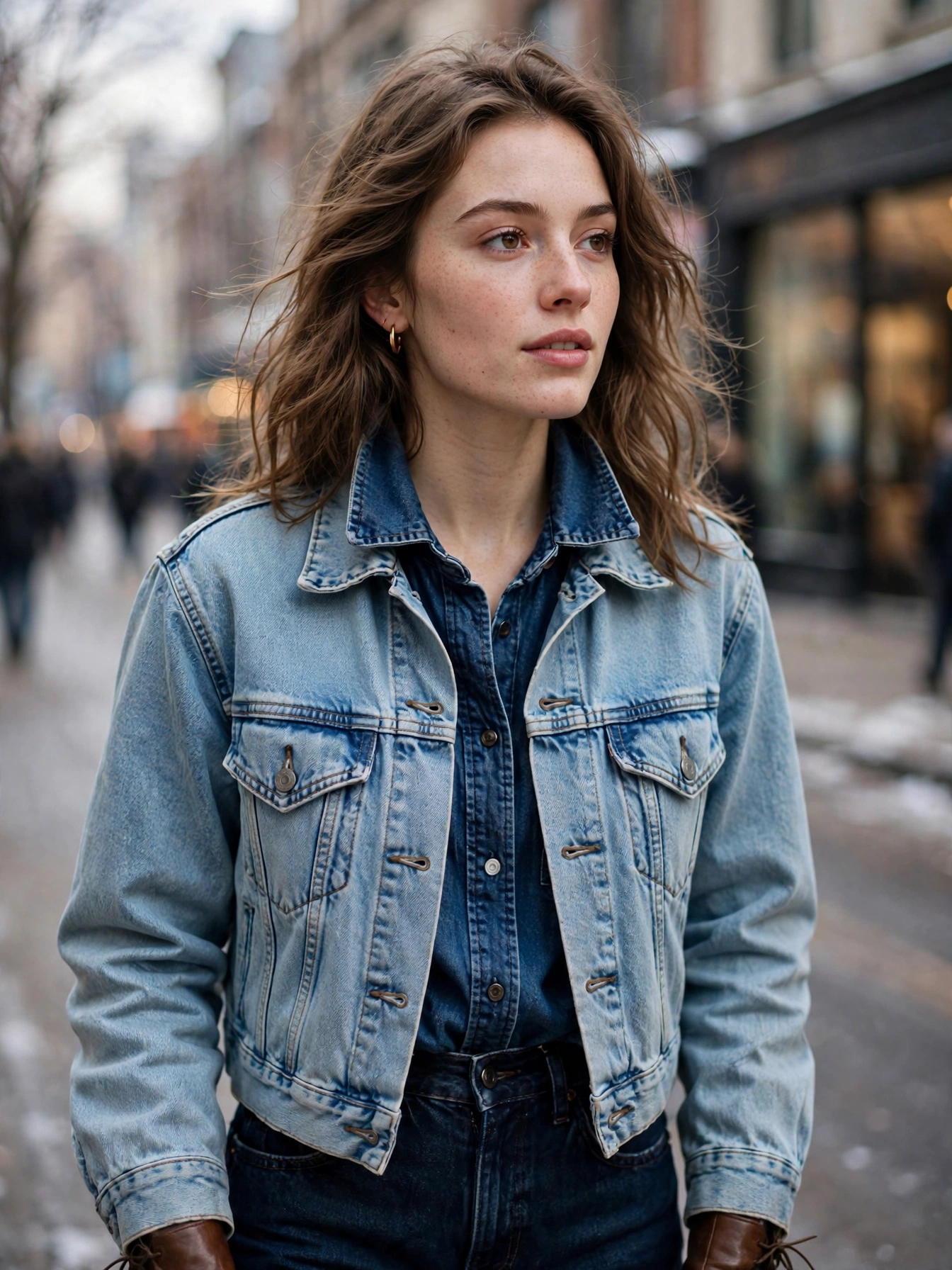 Woman wearing a double-denim outfit with a light-wash denim jacket over a dark denim shirt on a winter street
