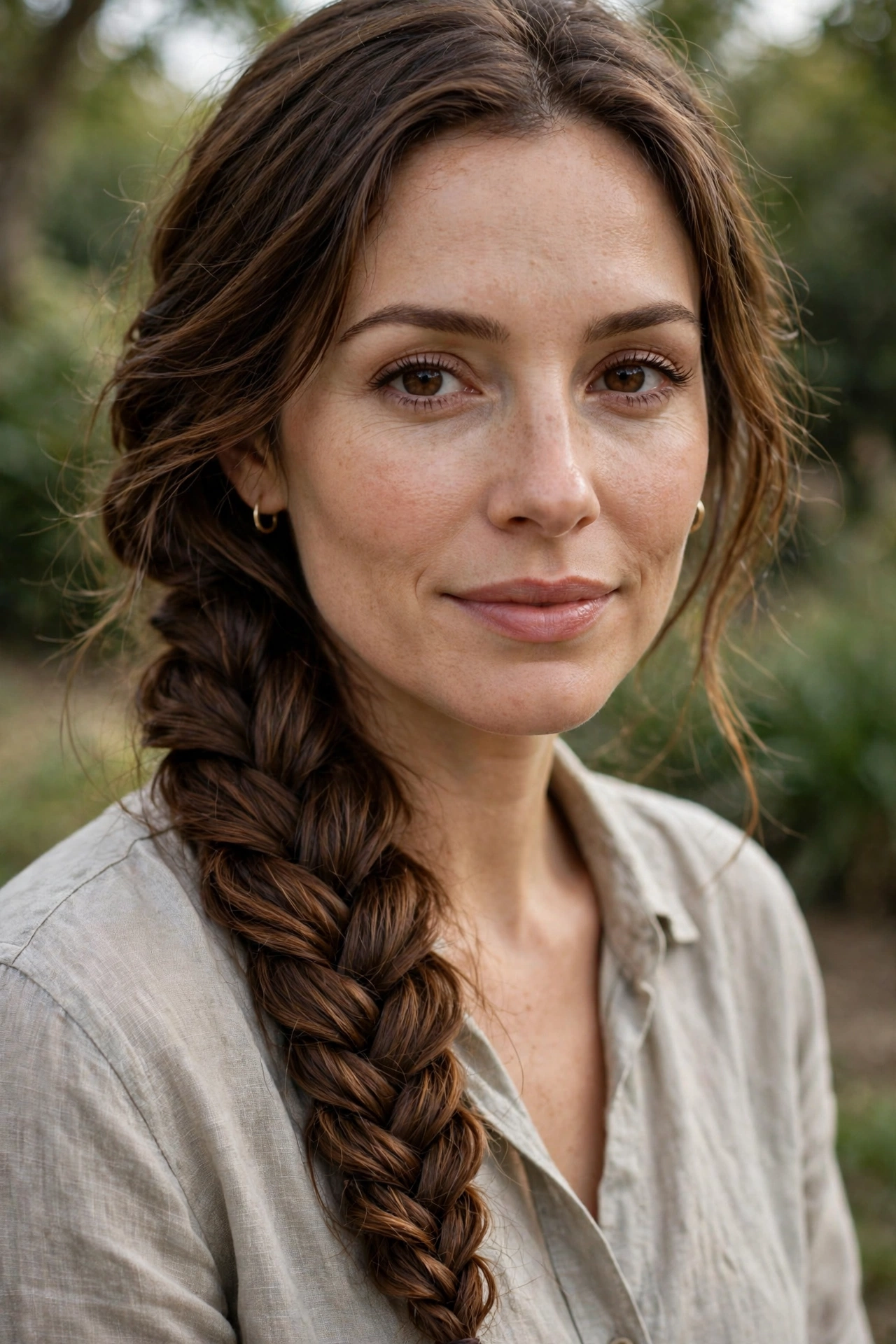 Woman wearing a finished side fishtail braid over one shoulder for long hair