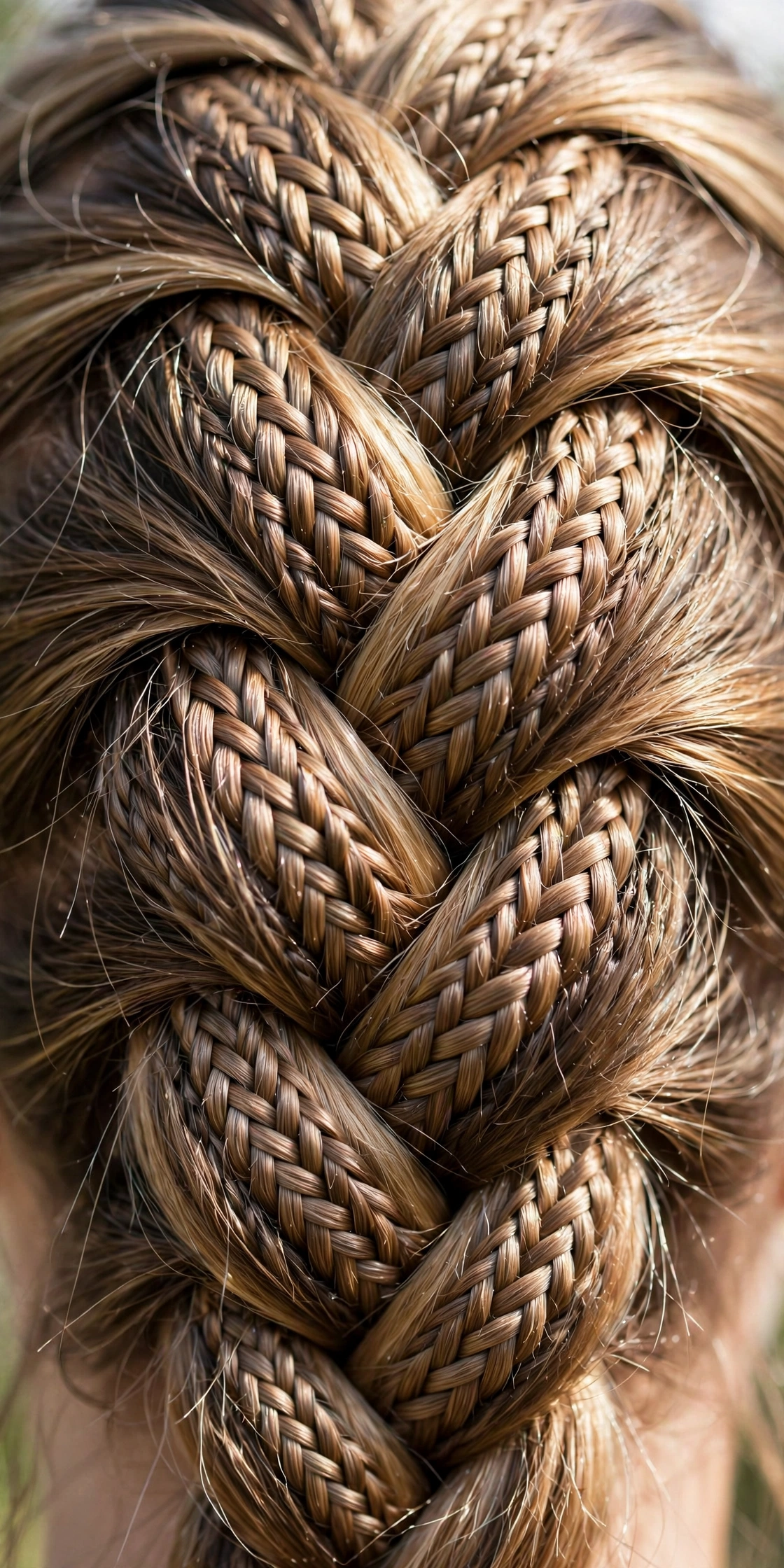 Close-up detail of the woven herringbone pattern in a fishtail braid