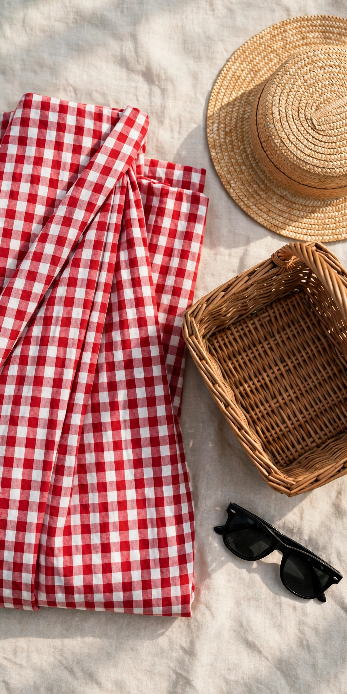 Flat lay of a folded red and white gingham dress with a picnic basket, straw hat and sunglasses
