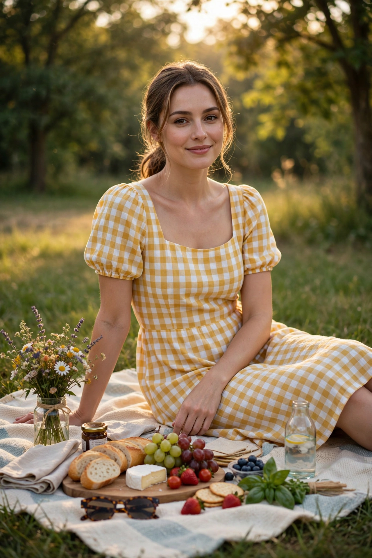Woman in a yellow and white gingham dress sitting on a picnic blanket on grass