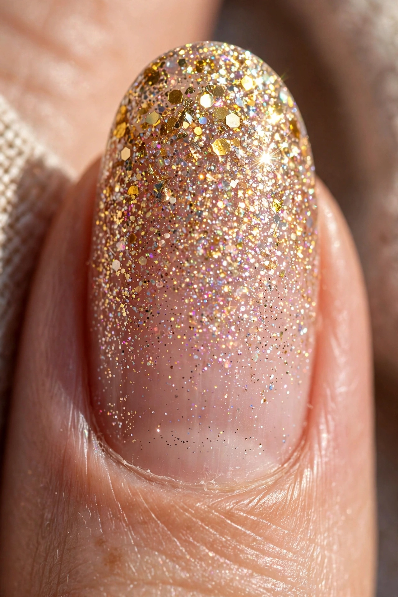 Macro close-up showing the glitter fade on a festive ombre nail
