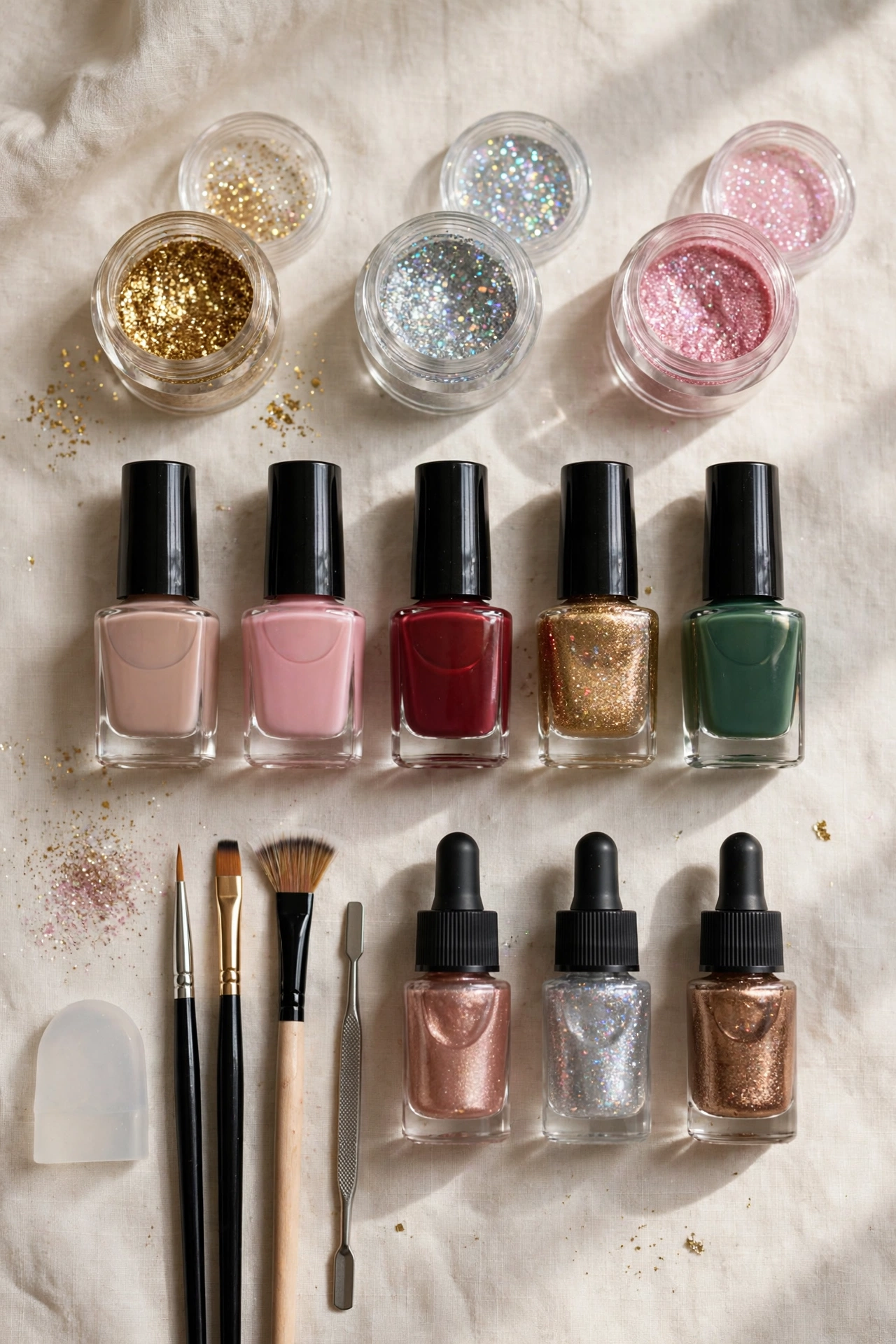 Flat lay of nail polishes and glitter pots for a glitter ombre manicure