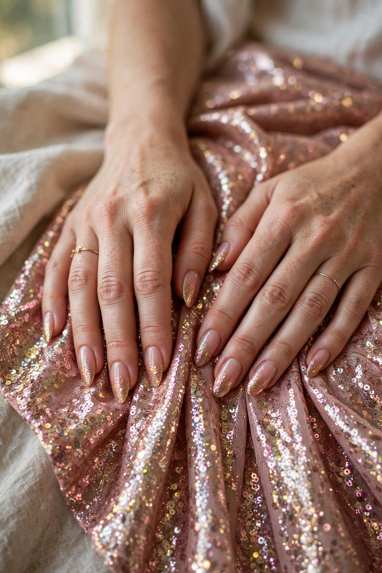 Glitter ombre nails paired with a rose sequin party dress