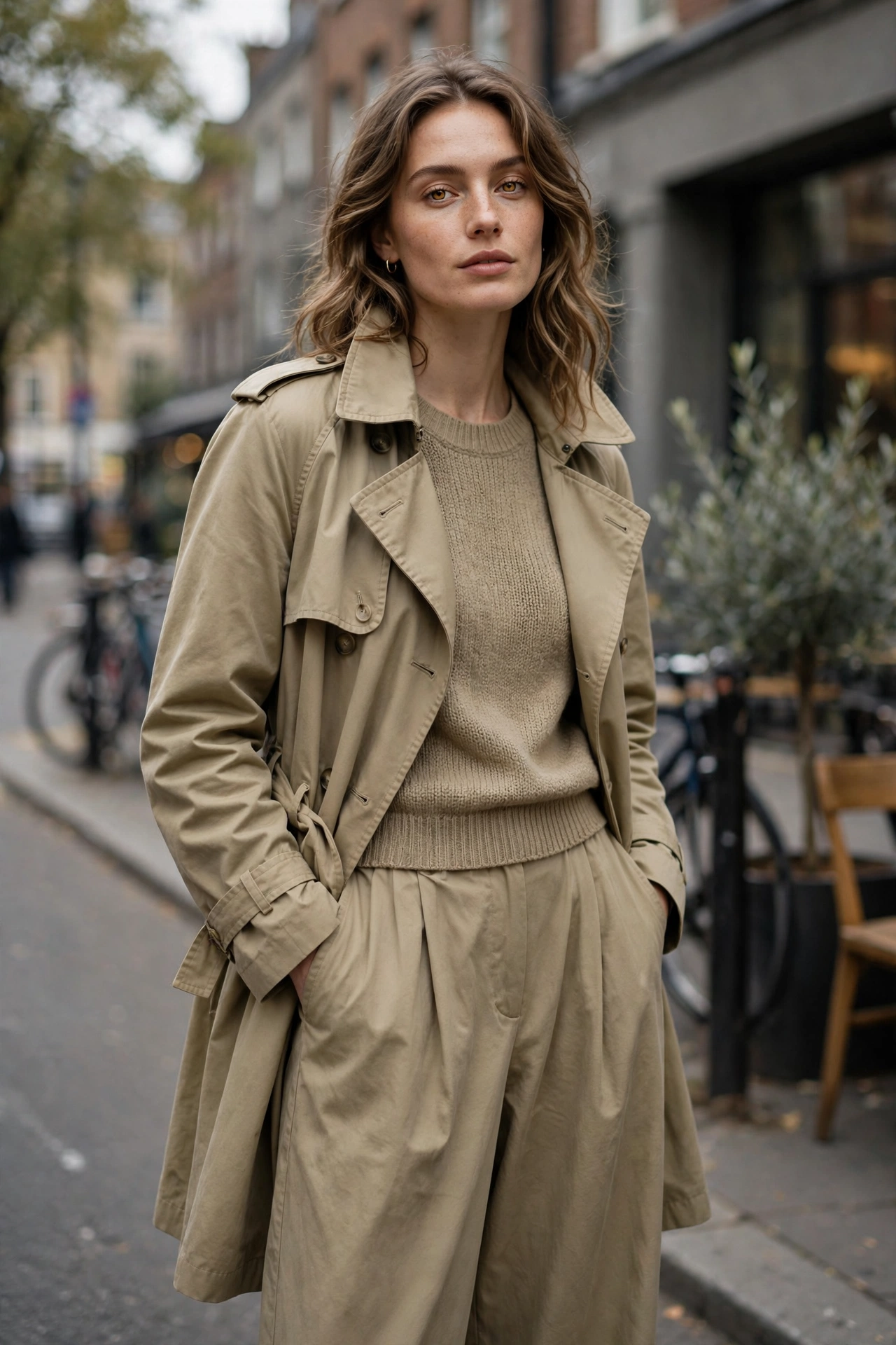 Woman wearing a khaki monochrome outfit with a khaki trench coat, knit sweater and wide-leg trousers